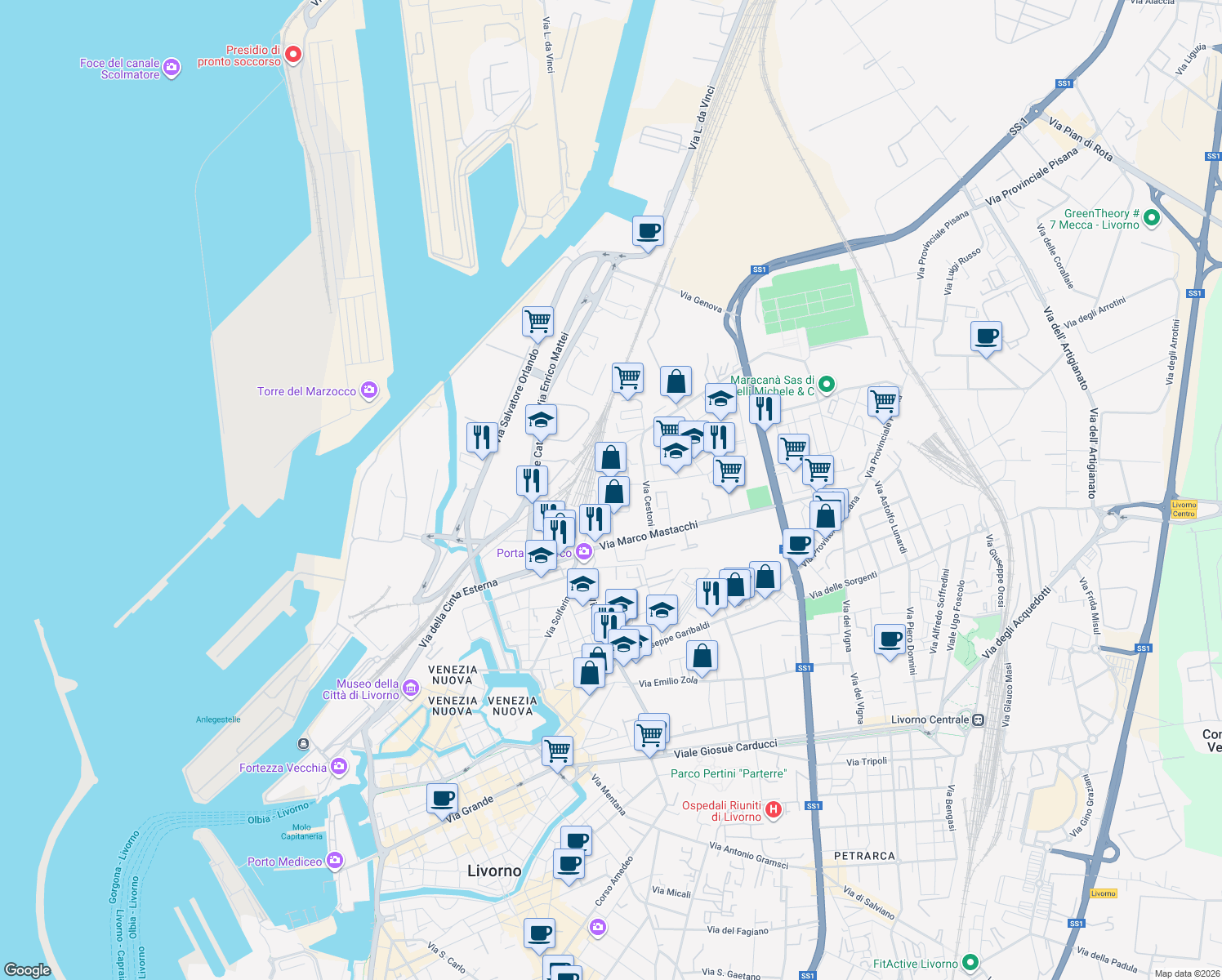 map of restaurants, bars, coffee shops, grocery stores, and more near 32 Via Francesco Pera in Livorno