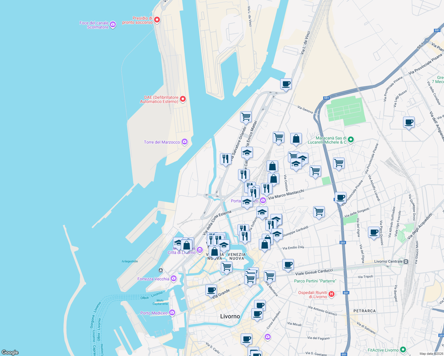 map of restaurants, bars, coffee shops, grocery stores, and more near 9 Via Pietro Paleocapa in Livorno