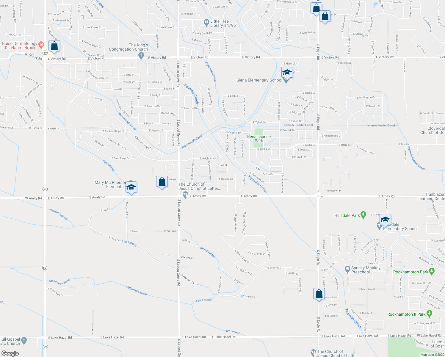 map of restaurants, bars, coffee shops, grocery stores, and more near 2180 East Amity Road in Meridian