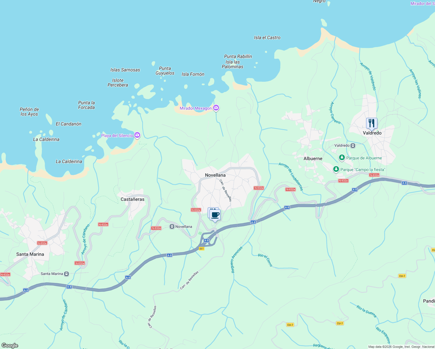 map of restaurants, bars, coffee shops, grocery stores, and more near in Asturias