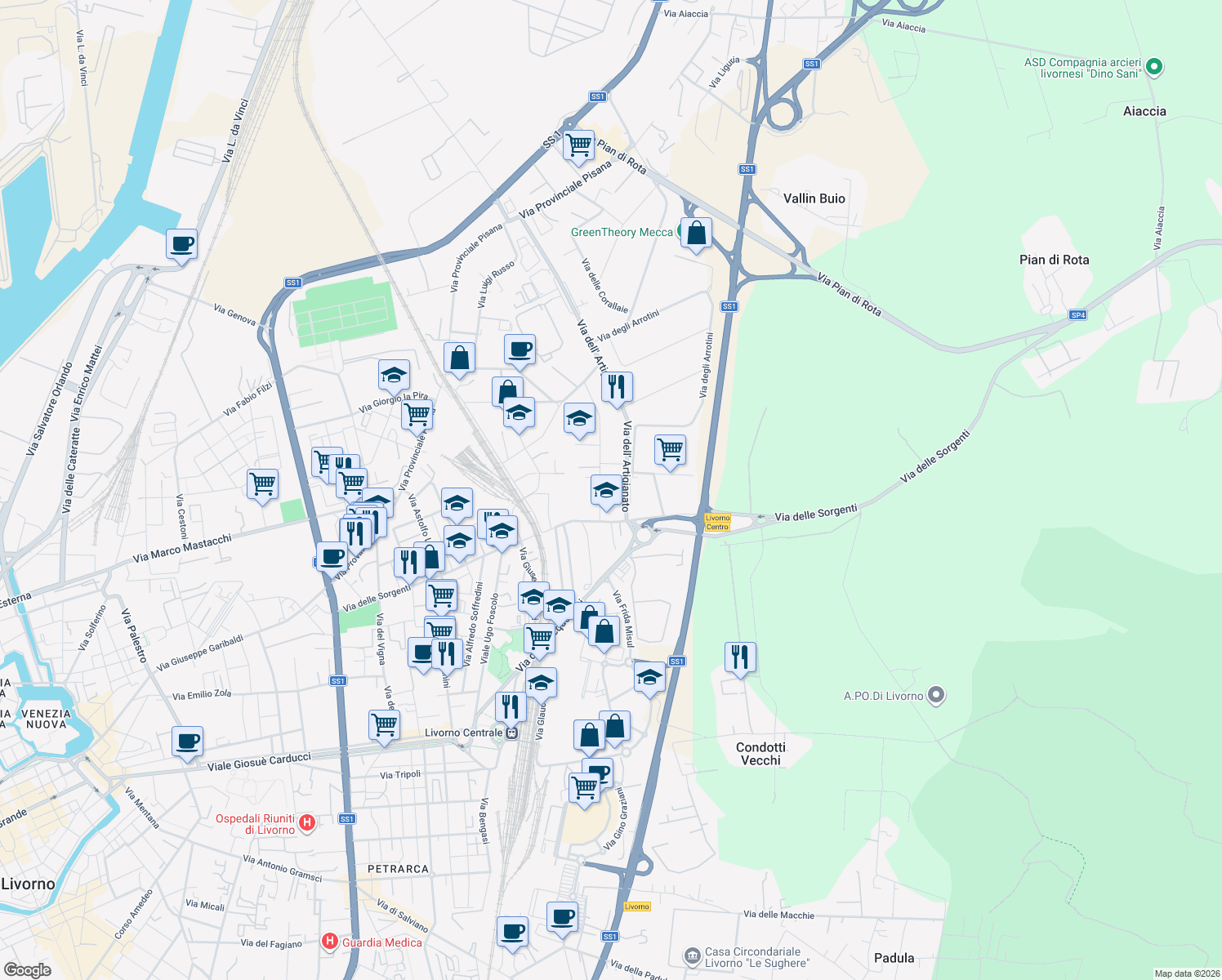 map of restaurants, bars, coffee shops, grocery stores, and more near 16 Via Gian Battista Guarini in Livorno