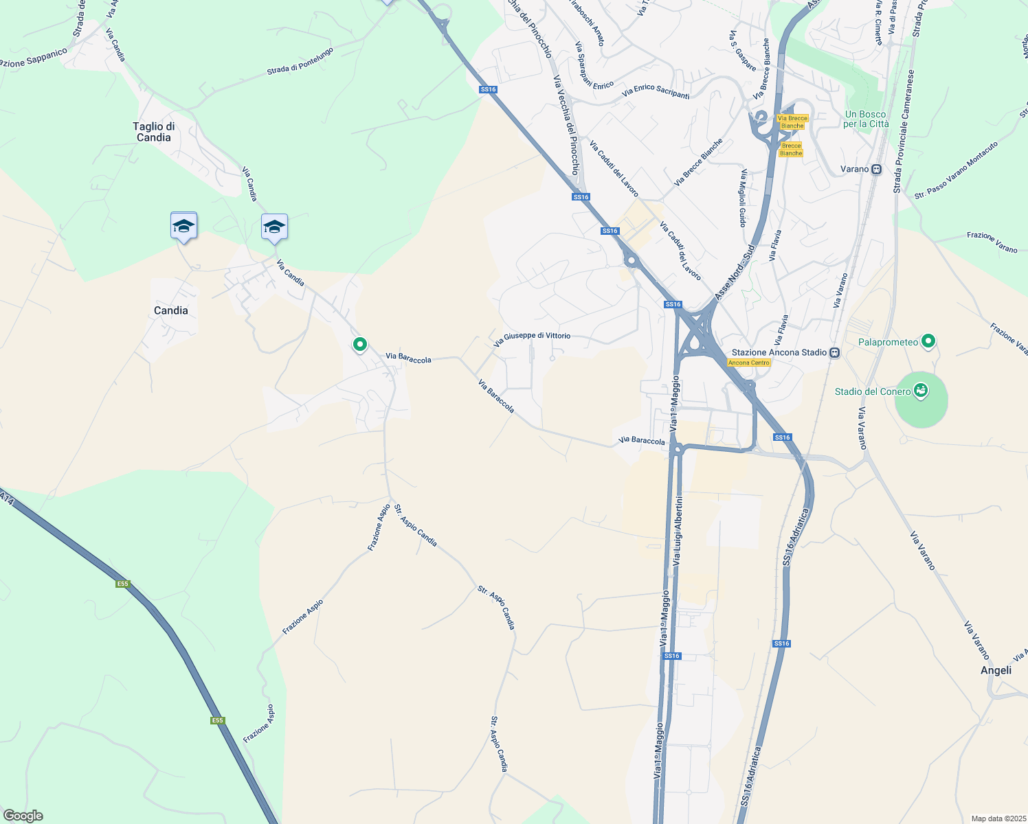 map of restaurants, bars, coffee shops, grocery stores, and more near 64 Via Baraccola in Provincia di Ancona