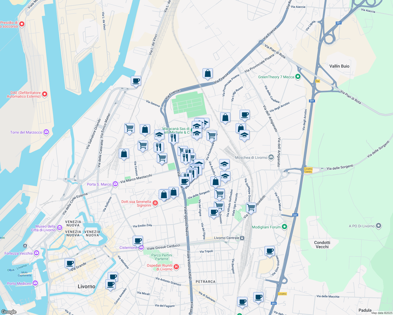 map of restaurants, bars, coffee shops, grocery stores, and more near 10 Via Fratelli Cervi in Livorno