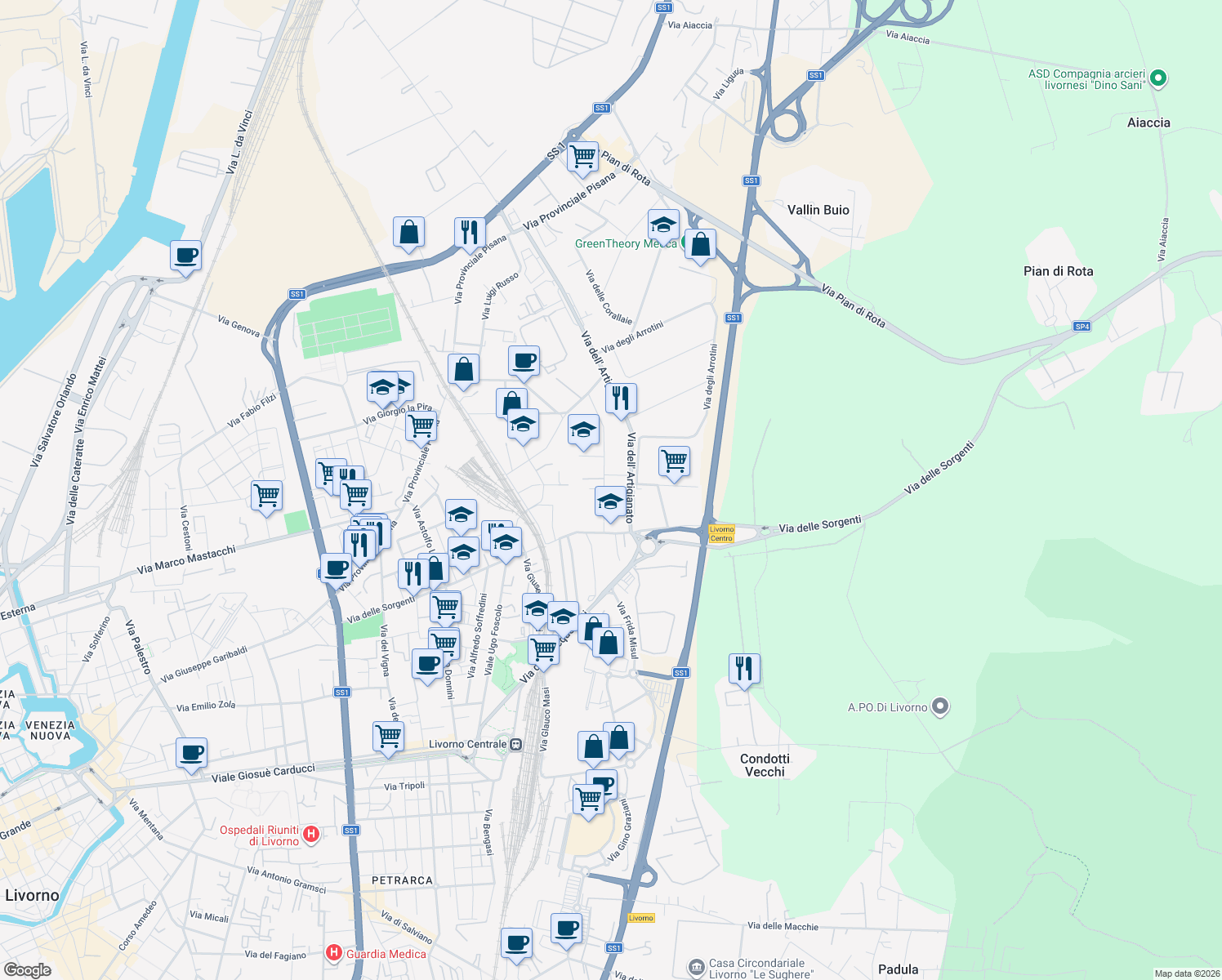 map of restaurants, bars, coffee shops, grocery stores, and more near 16 Via Gian Battista Guarini in Livorno
