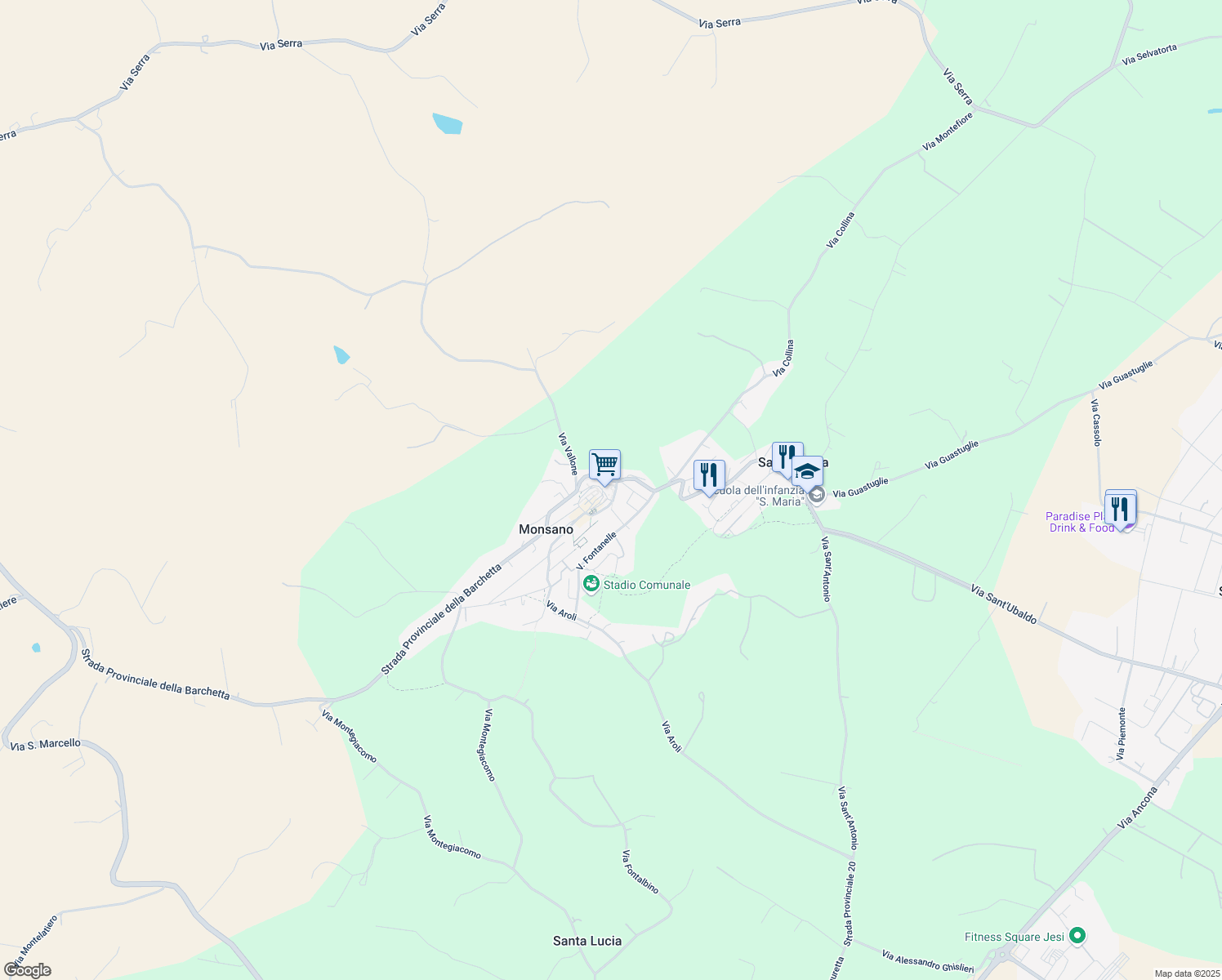 map of restaurants, bars, coffee shops, grocery stores, and more near 25 Via Cesare Battisti in Monsano