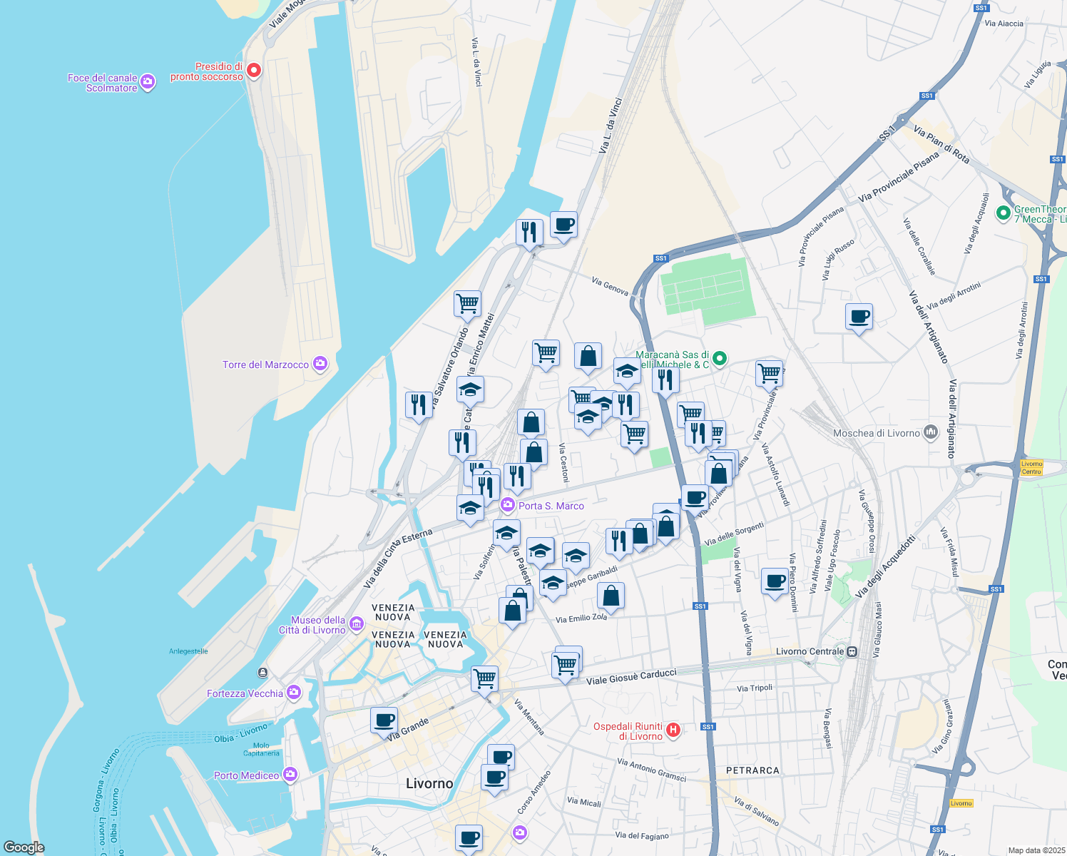 map of restaurants, bars, coffee shops, grocery stores, and more near 49 Via Fabio Filzi in Livorno