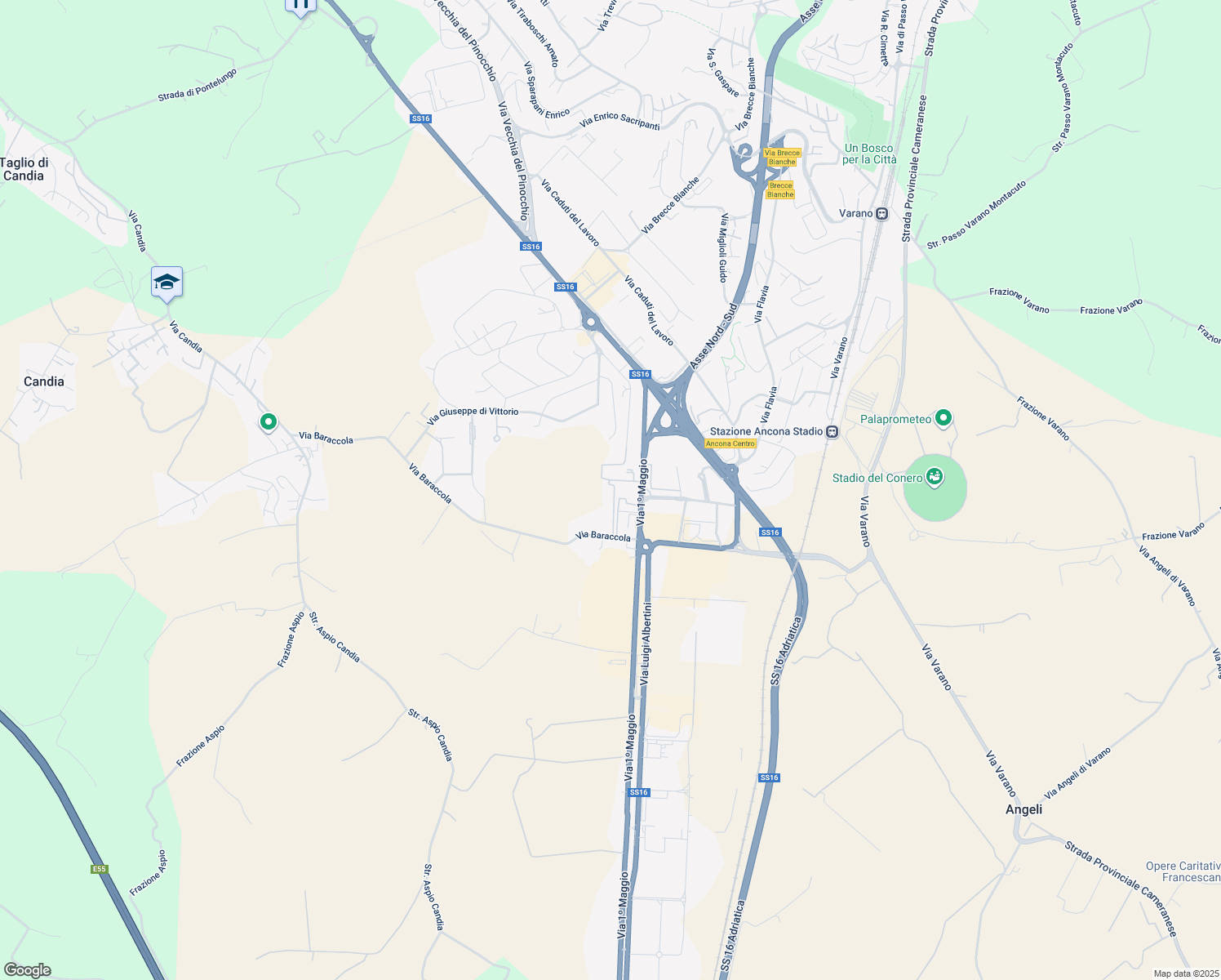 map of restaurants, bars, coffee shops, grocery stores, and more near 26 Via 1º Maggio in Ancona