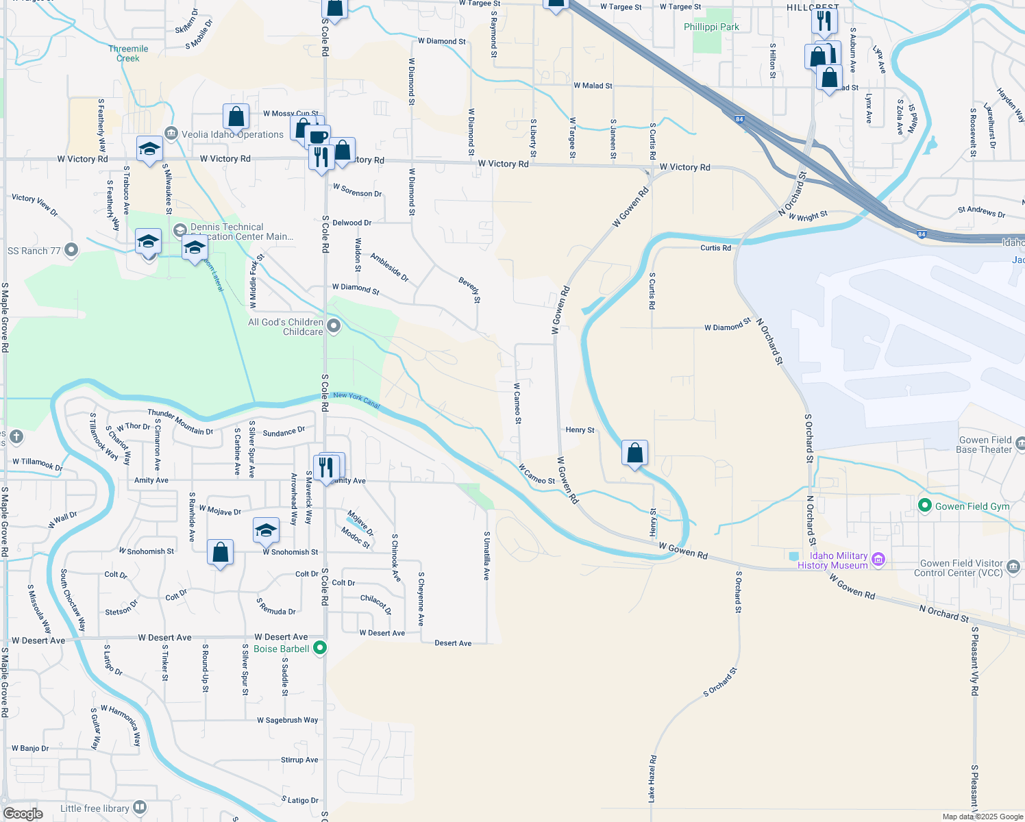 map of restaurants, bars, coffee shops, grocery stores, and more near 4205 Banner Street in Boise