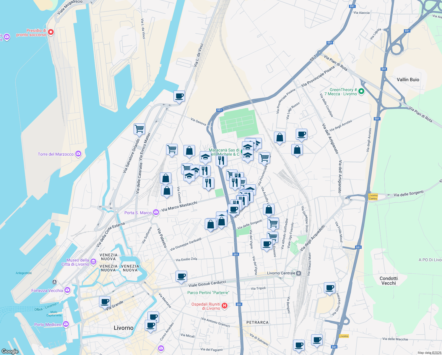 map of restaurants, bars, coffee shops, grocery stores, and more near Via Firenze in Livorno