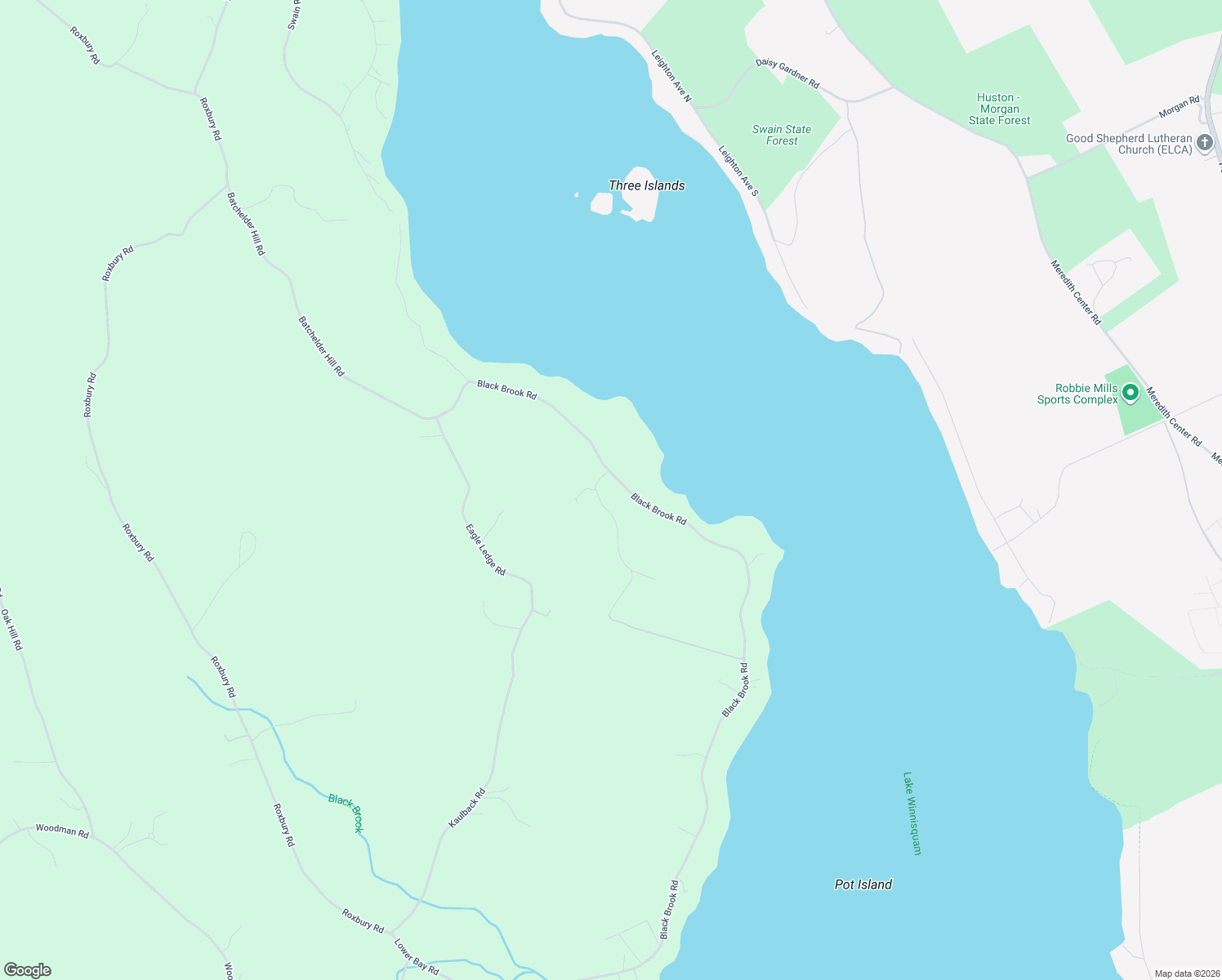 map of restaurants, bars, coffee shops, grocery stores, and more near 115 Black Brook Road in Meredith