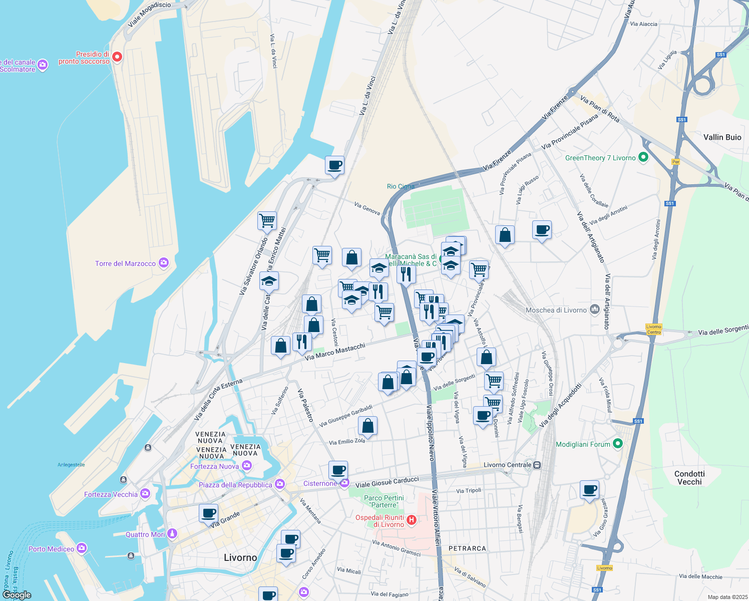 map of restaurants, bars, coffee shops, grocery stores, and more near Via Icilio Wan Bergher in Livorno