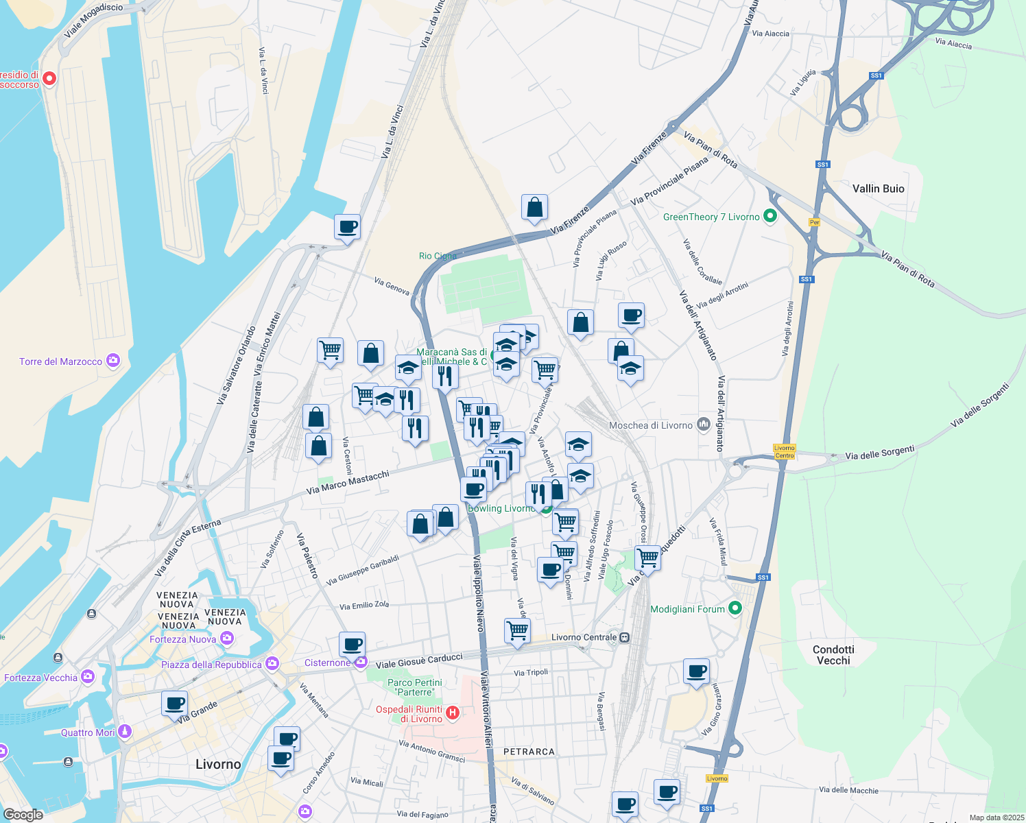 map of restaurants, bars, coffee shops, grocery stores, and more near 10 Via Fratelli Cervi in Livorno