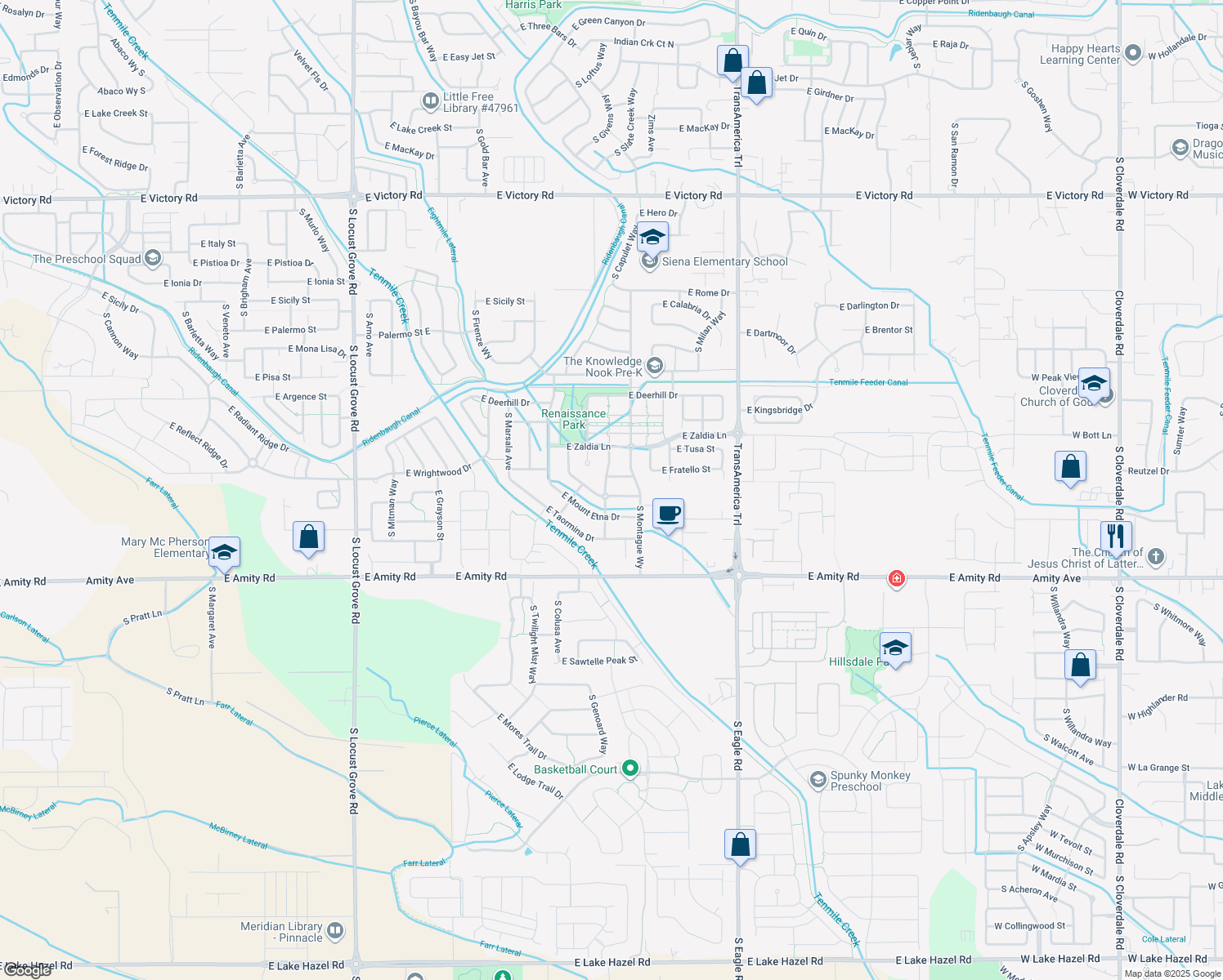 map of restaurants, bars, coffee shops, grocery stores, and more near 2648 East Santo Stefano Drive in Meridian