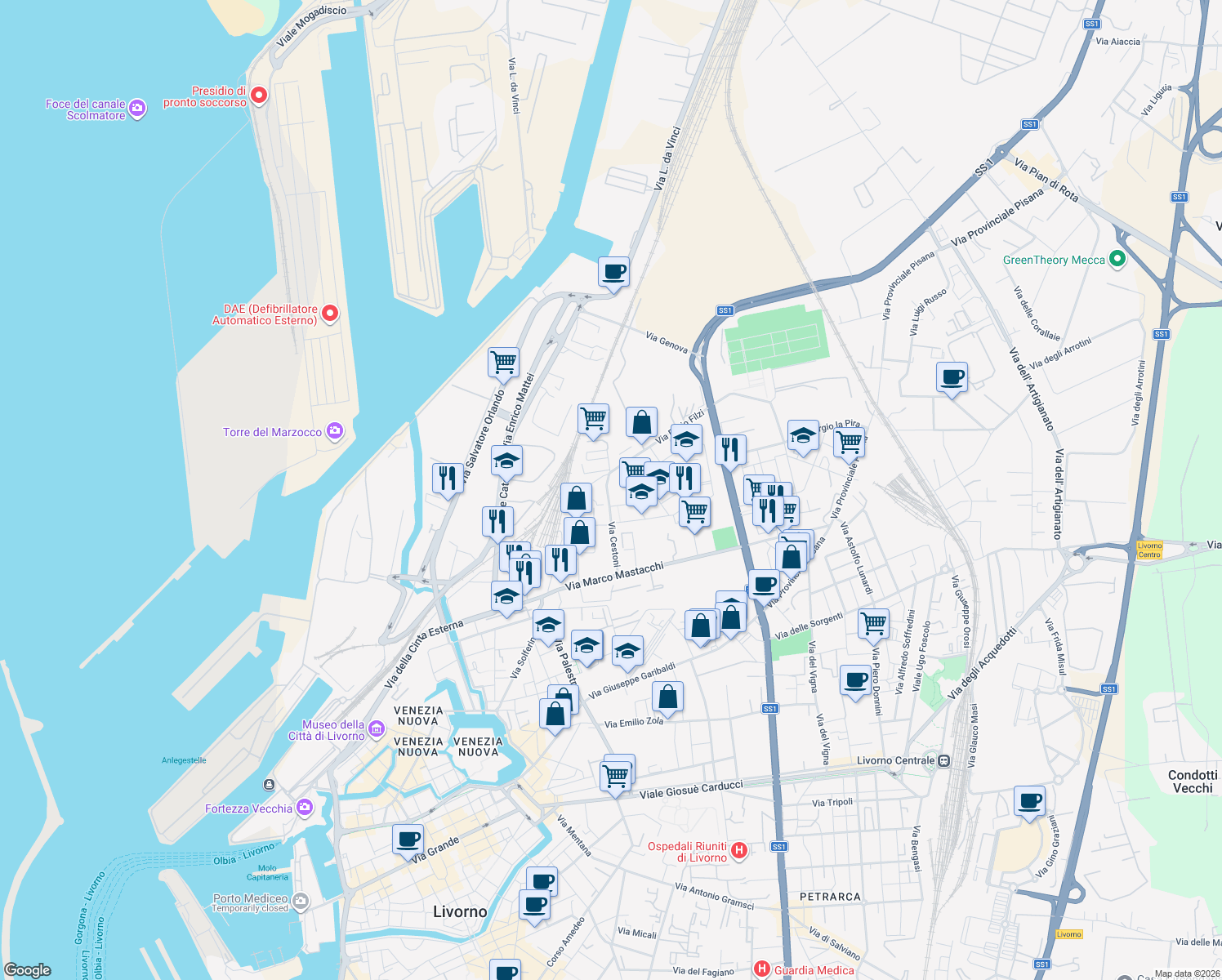 map of restaurants, bars, coffee shops, grocery stores, and more near 58 Via Cestoni in Livorno