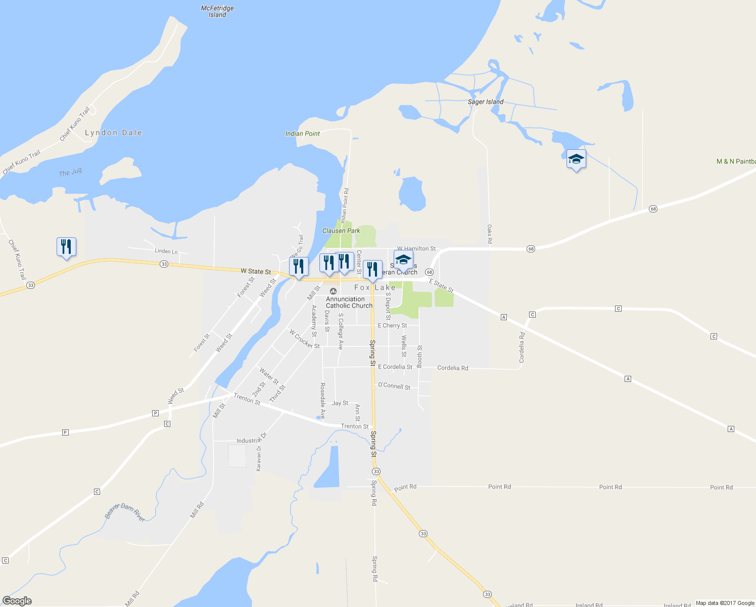 map of restaurants, bars, coffee shops, grocery stores, and more near 204 Spring Street in Fox Lake