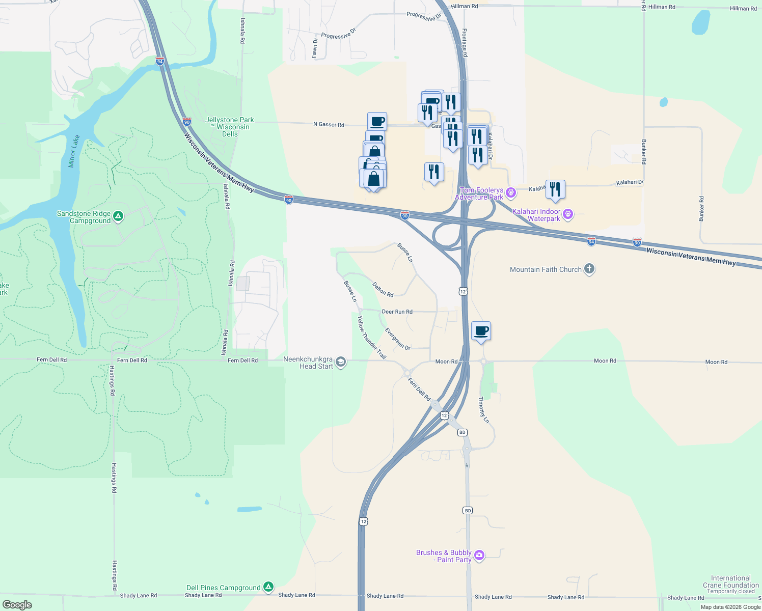 map of restaurants, bars, coffee shops, grocery stores, and more near E10752 Deer Run Road in Baraboo