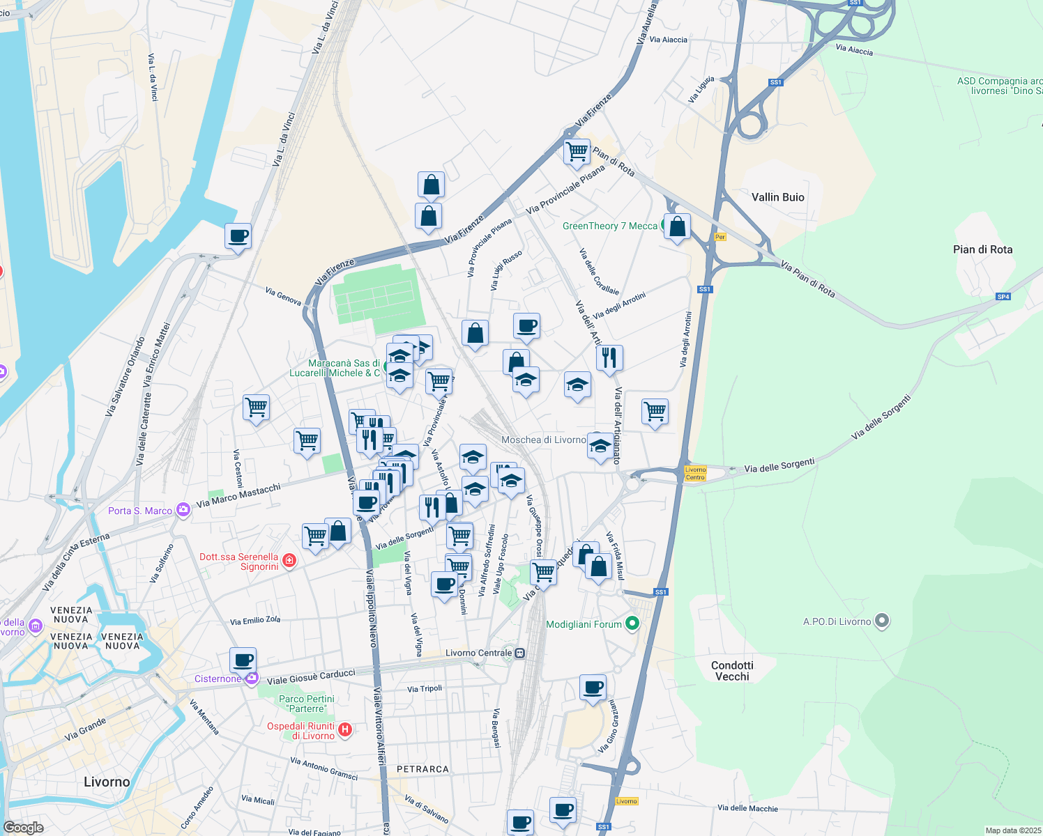map of restaurants, bars, coffee shops, grocery stores, and more near 14 Via Gabriello Chiabrera in Livorno