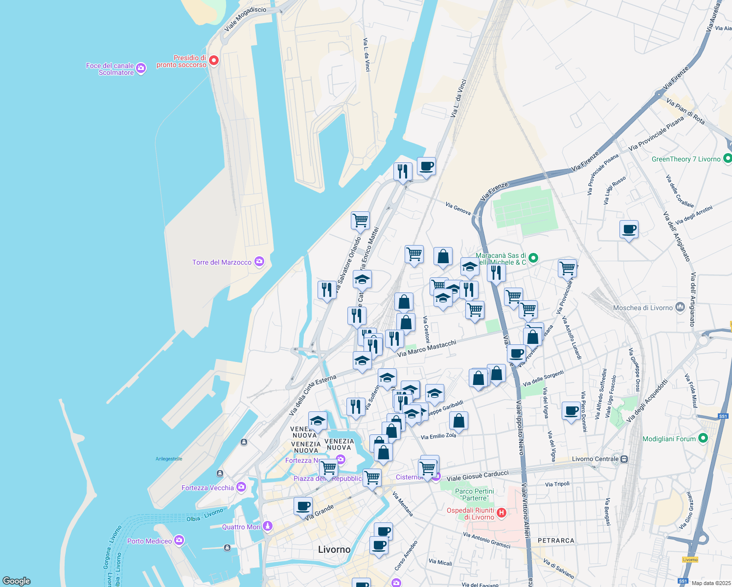 map of restaurants, bars, coffee shops, grocery stores, and more near 82 Via delle Cateratte in Livorno