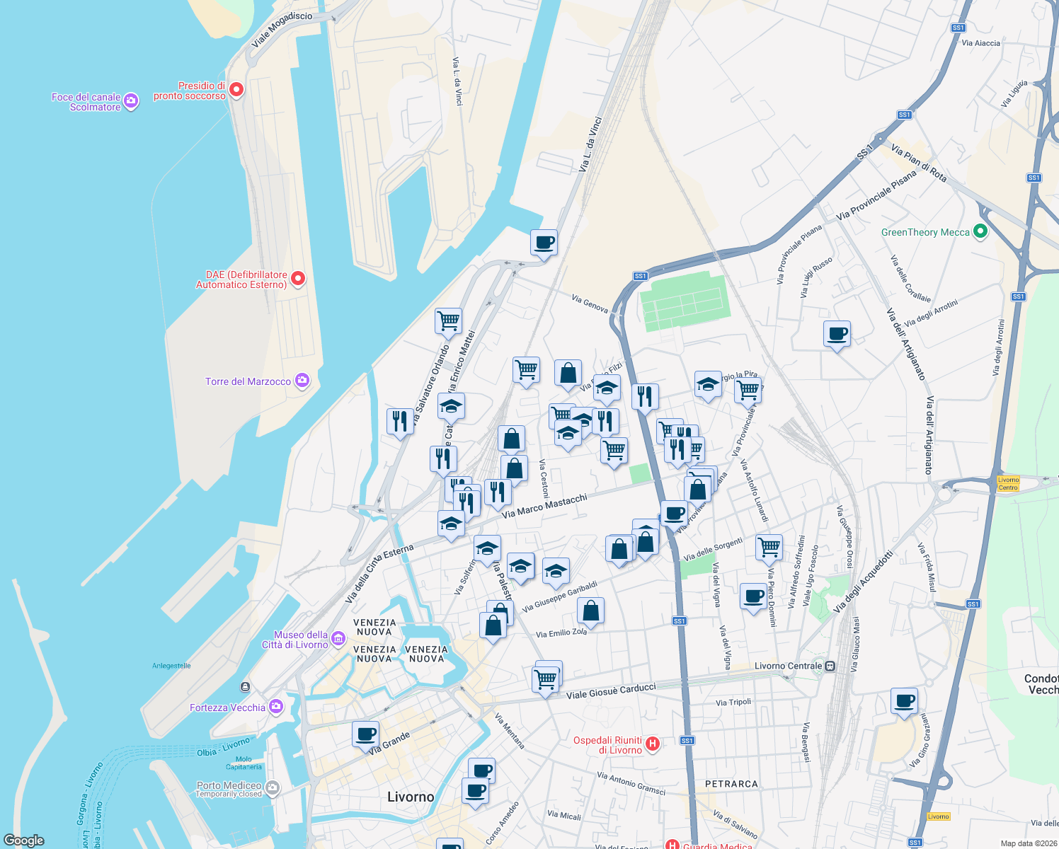 map of restaurants, bars, coffee shops, grocery stores, and more near 58 Via Cestoni in Livorno