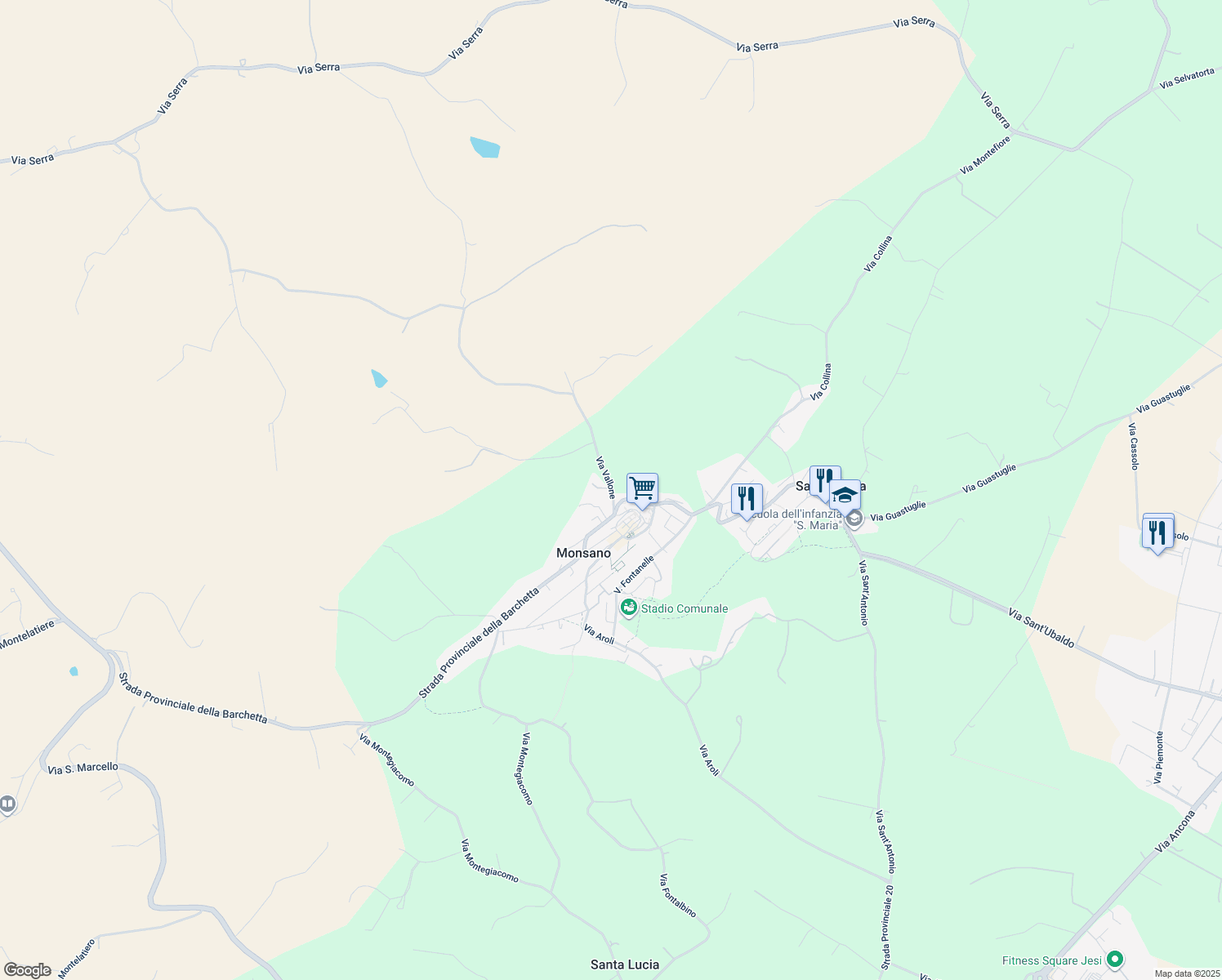 map of restaurants, bars, coffee shops, grocery stores, and more near 1 Via Vallone in Monsano