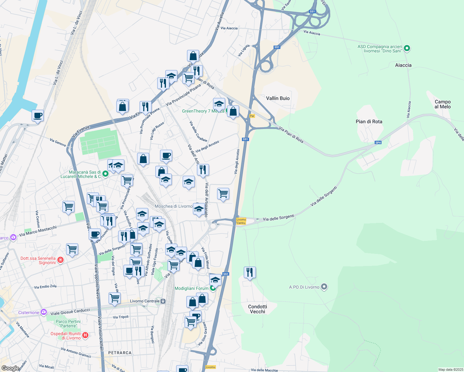 map of restaurants, bars, coffee shops, grocery stores, and more near 36 Via degli Arrotini in Livorno