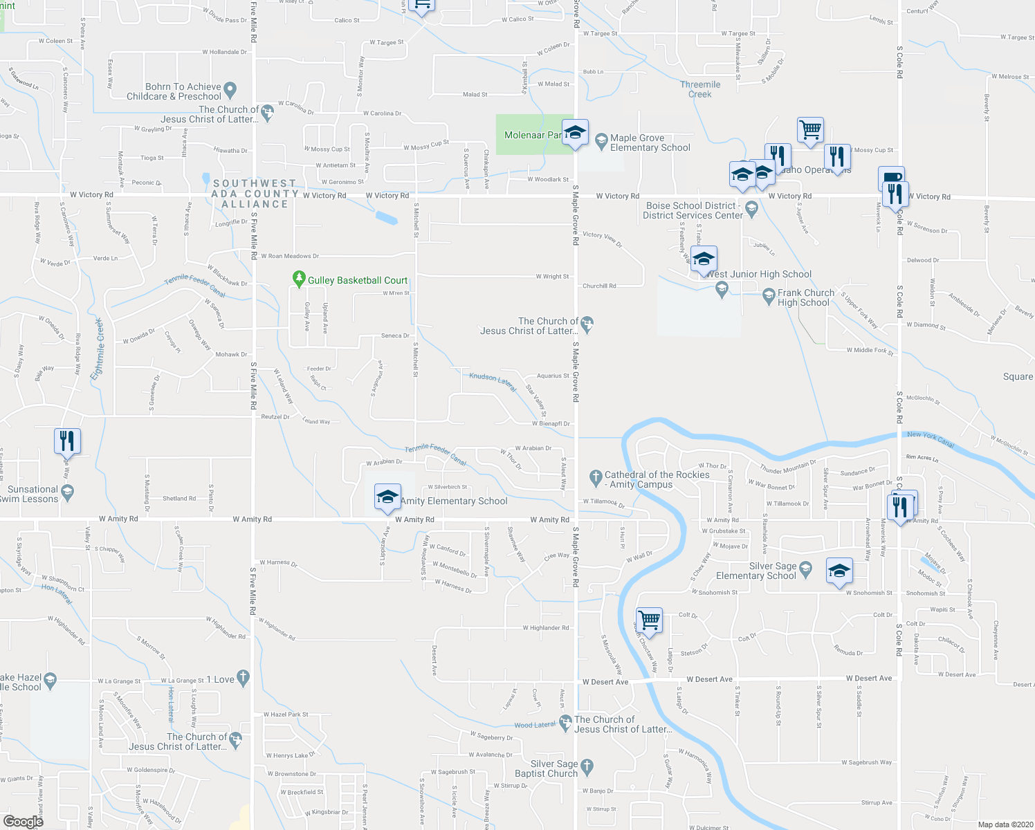 map of restaurants, bars, coffee shops, grocery stores, and more near 9300 West Bienapfl Drive in Boise