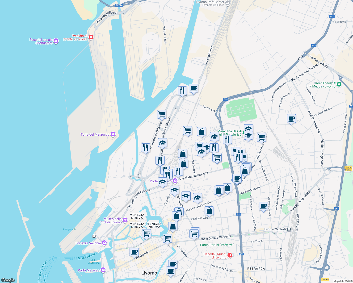 map of restaurants, bars, coffee shops, grocery stores, and more near 92 Via delle Cateratte in Livorno