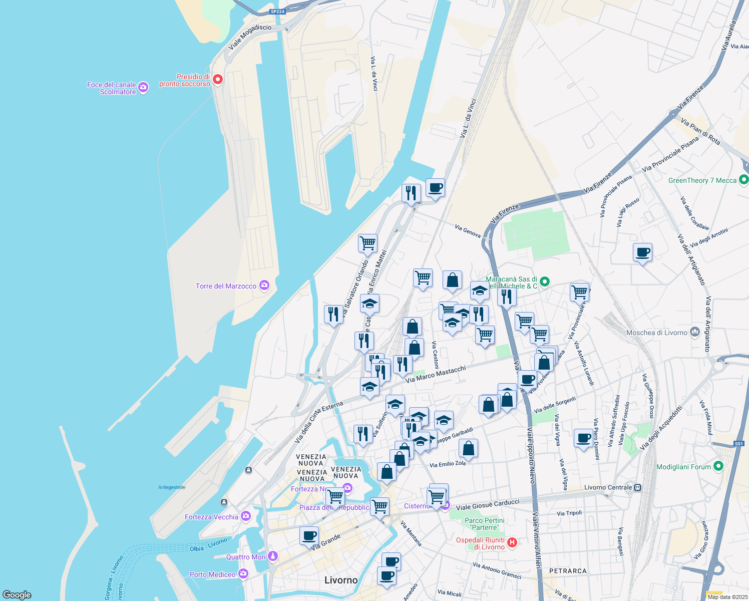 map of restaurants, bars, coffee shops, grocery stores, and more near 90 Via delle Cateratte in Livorno