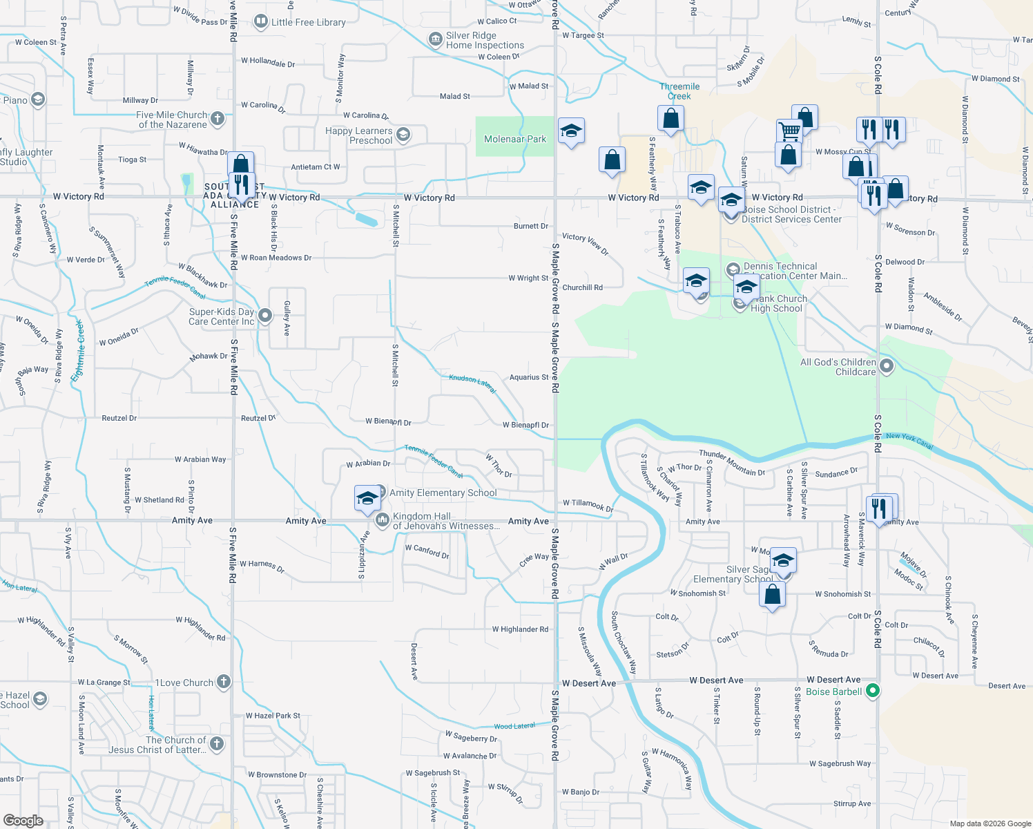 map of restaurants, bars, coffee shops, grocery stores, and more near 4103 Star Valley Street in Boise