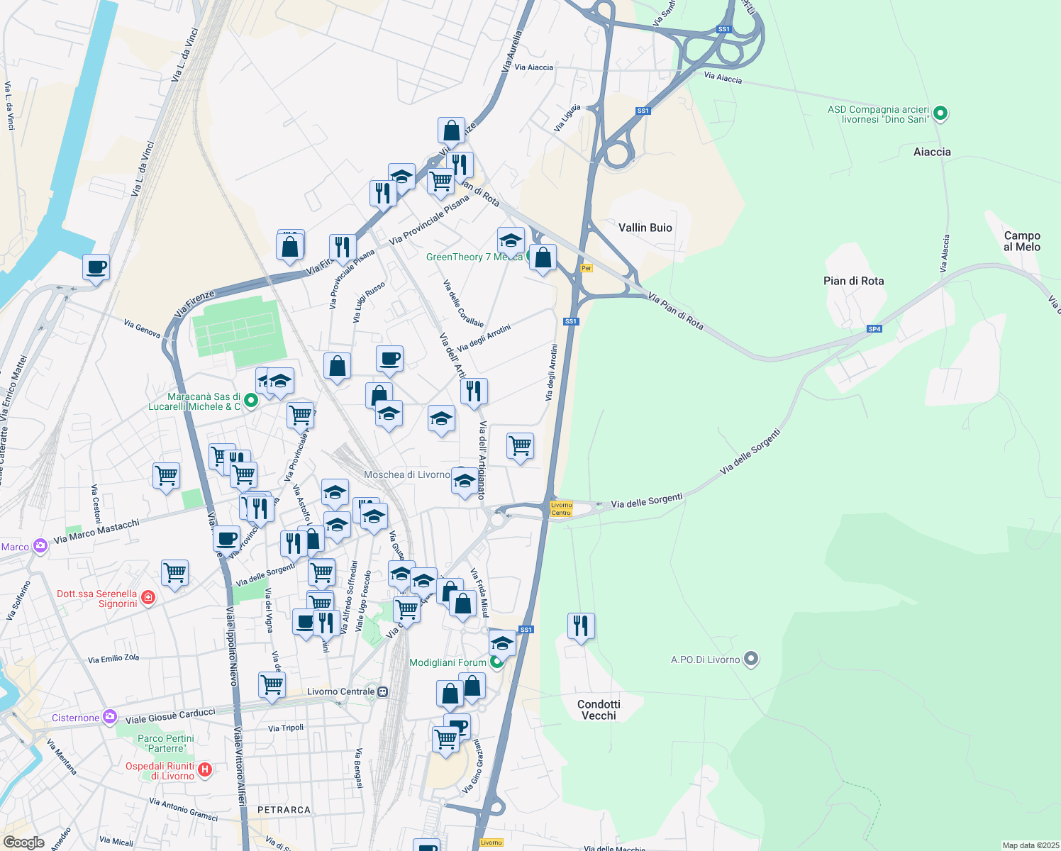 map of restaurants, bars, coffee shops, grocery stores, and more near 36 Via degli Arrotini in Livorno