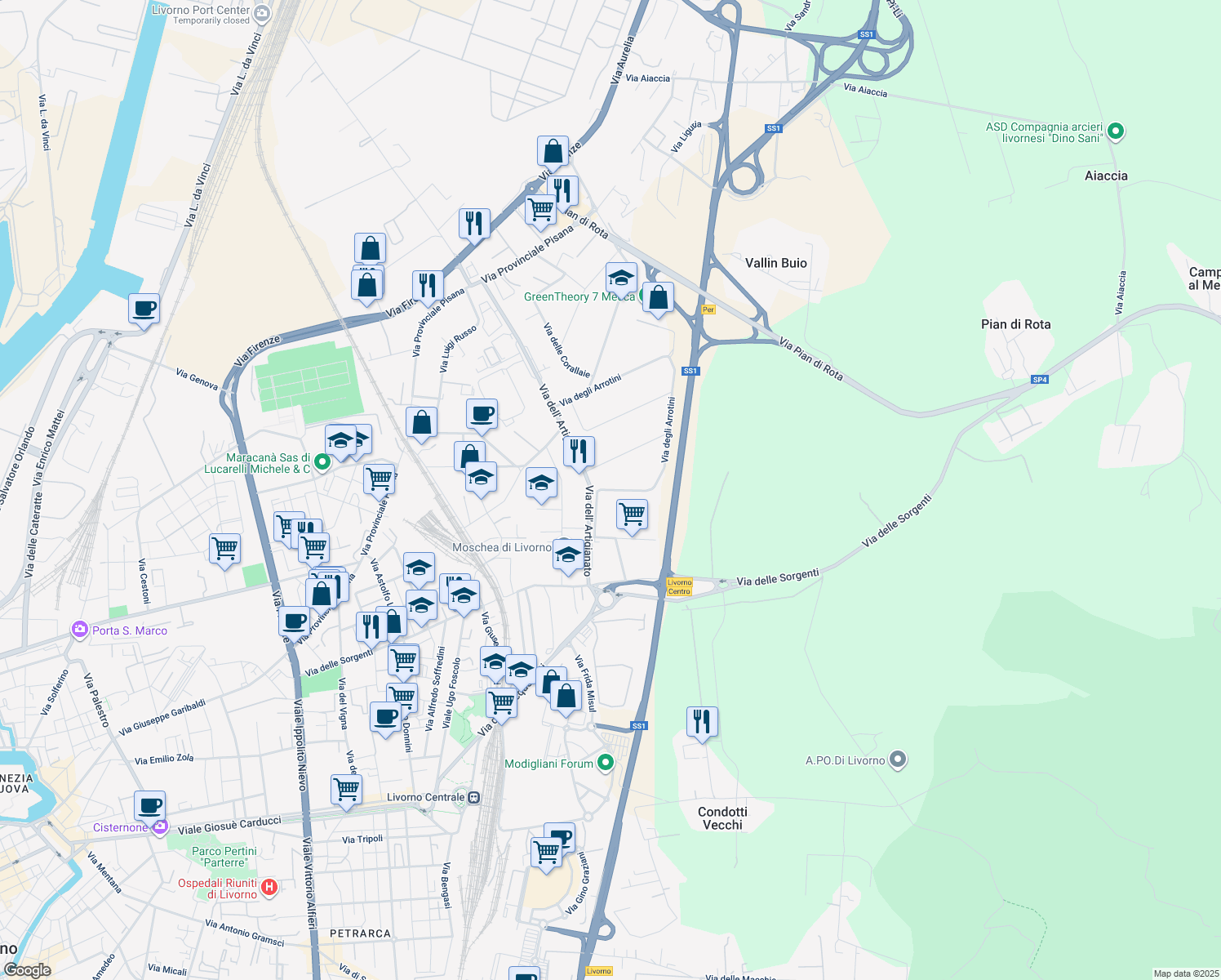 map of restaurants, bars, coffee shops, grocery stores, and more near 11 Via degli Arrotini in Livorno