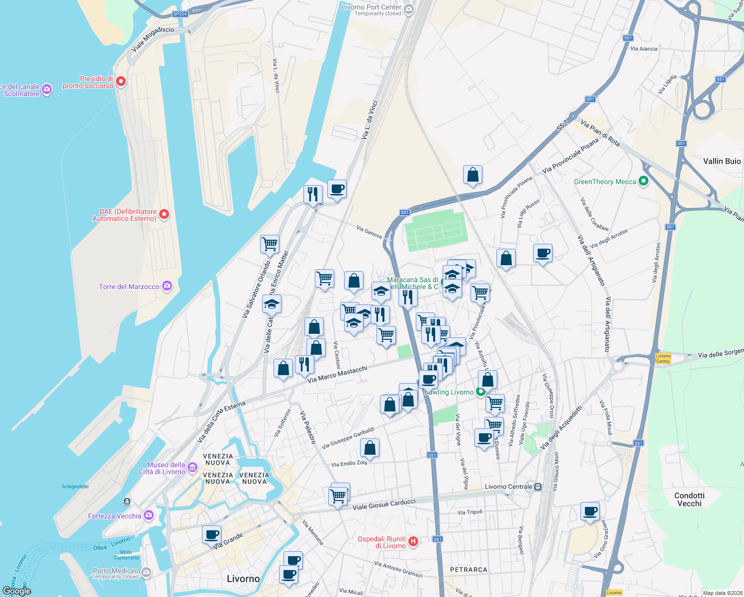 map of restaurants, bars, coffee shops, grocery stores, and more near 37 Via Fratelli Bandiera in Livorno