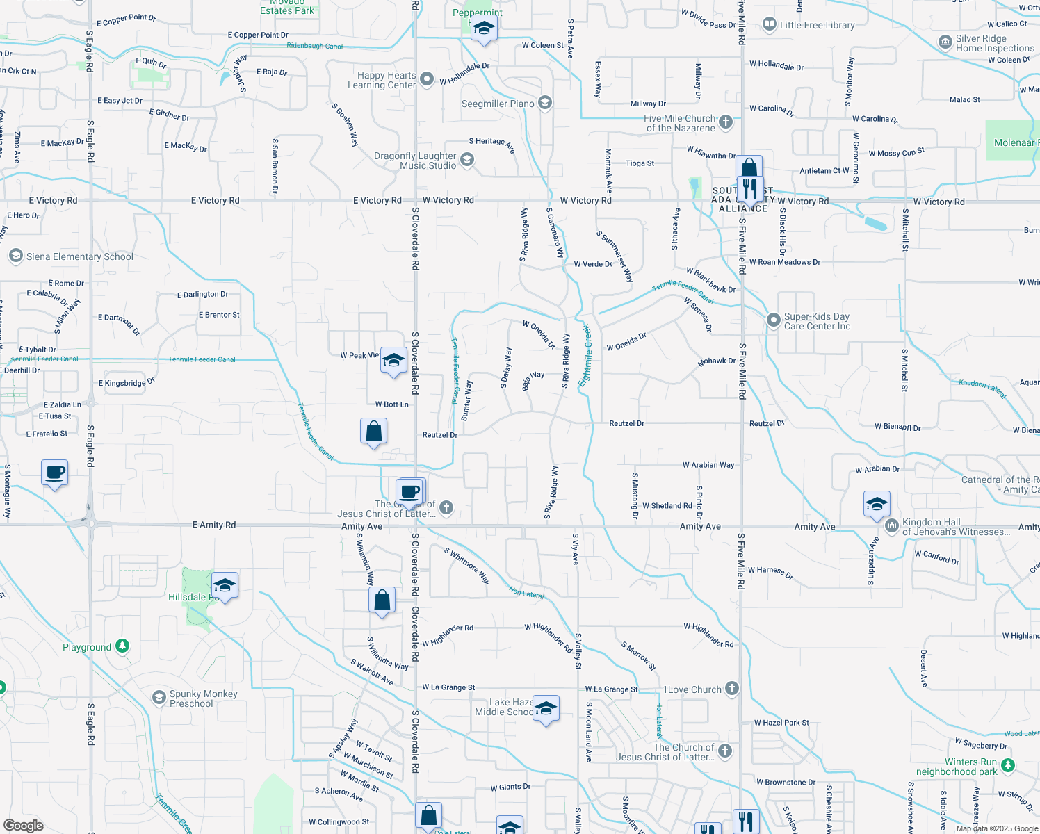 map of restaurants, bars, coffee shops, grocery stores, and more near 11725 Reutzel Drive in Boise