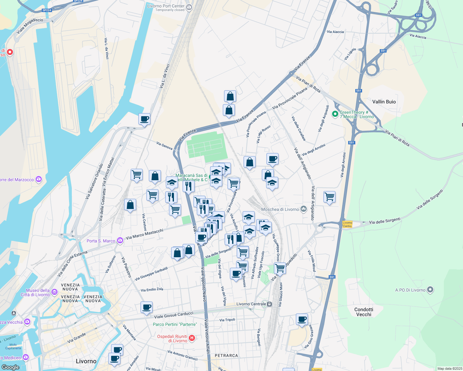 map of restaurants, bars, coffee shops, grocery stores, and more near Via Aspromonte in Livorno