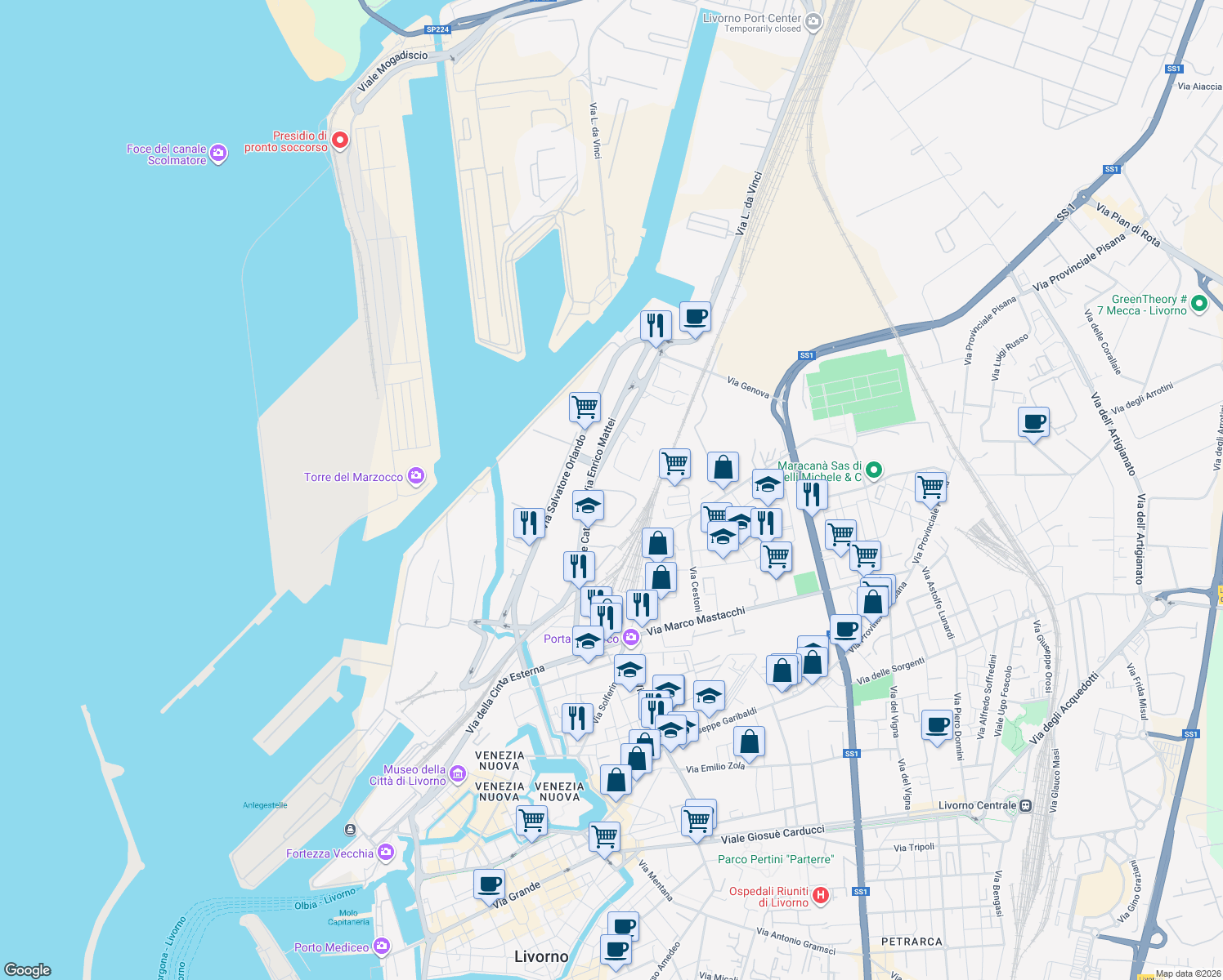 map of restaurants, bars, coffee shops, grocery stores, and more near 90 Via delle Cateratte in Livorno