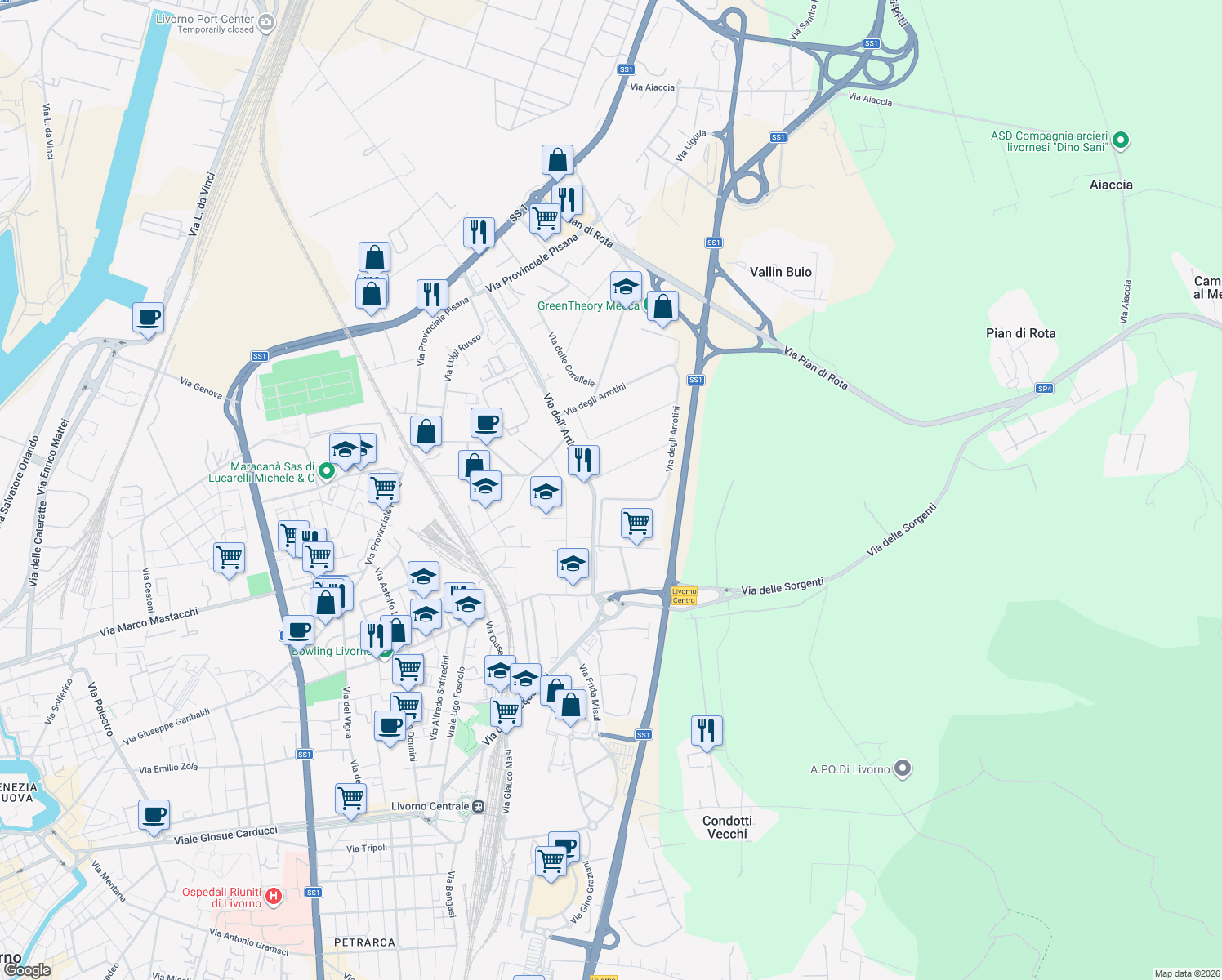 map of restaurants, bars, coffee shops, grocery stores, and more near 11 Via degli Arrotini in Livorno