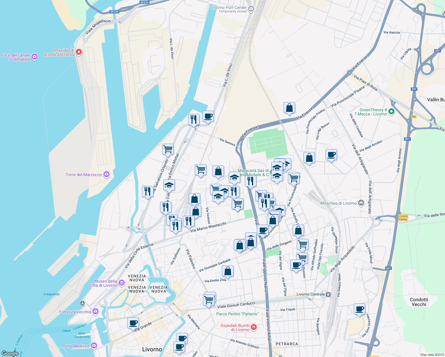 map of restaurants, bars, coffee shops, grocery stores, and more near 49 Via Fabio Filzi in Livorno