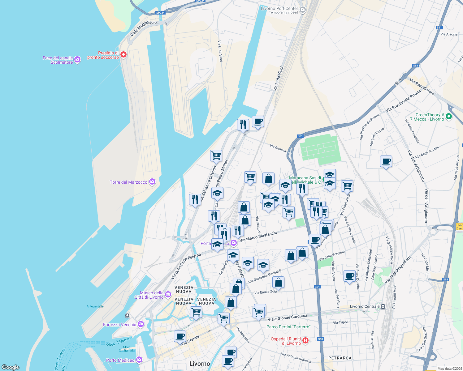 map of restaurants, bars, coffee shops, grocery stores, and more near 92 Via delle Cateratte in Livorno