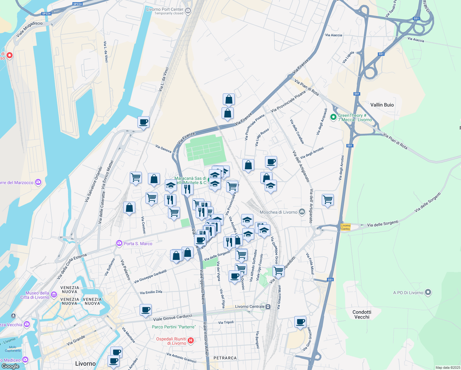map of restaurants, bars, coffee shops, grocery stores, and more near Via Aspromonte in Livorno