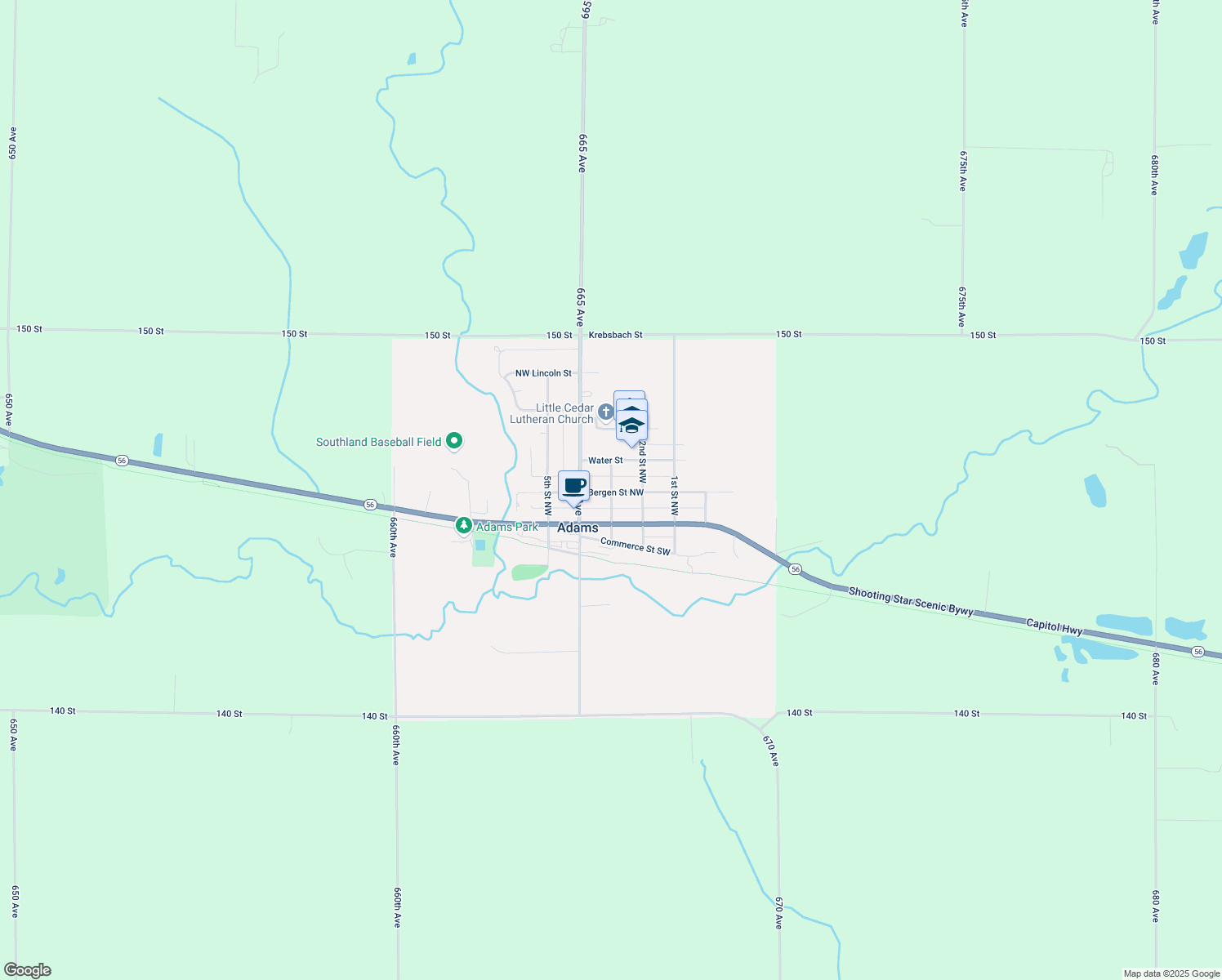 map of restaurants, bars, coffee shops, grocery stores, and more near 107 3rd Street Northwest in Adams