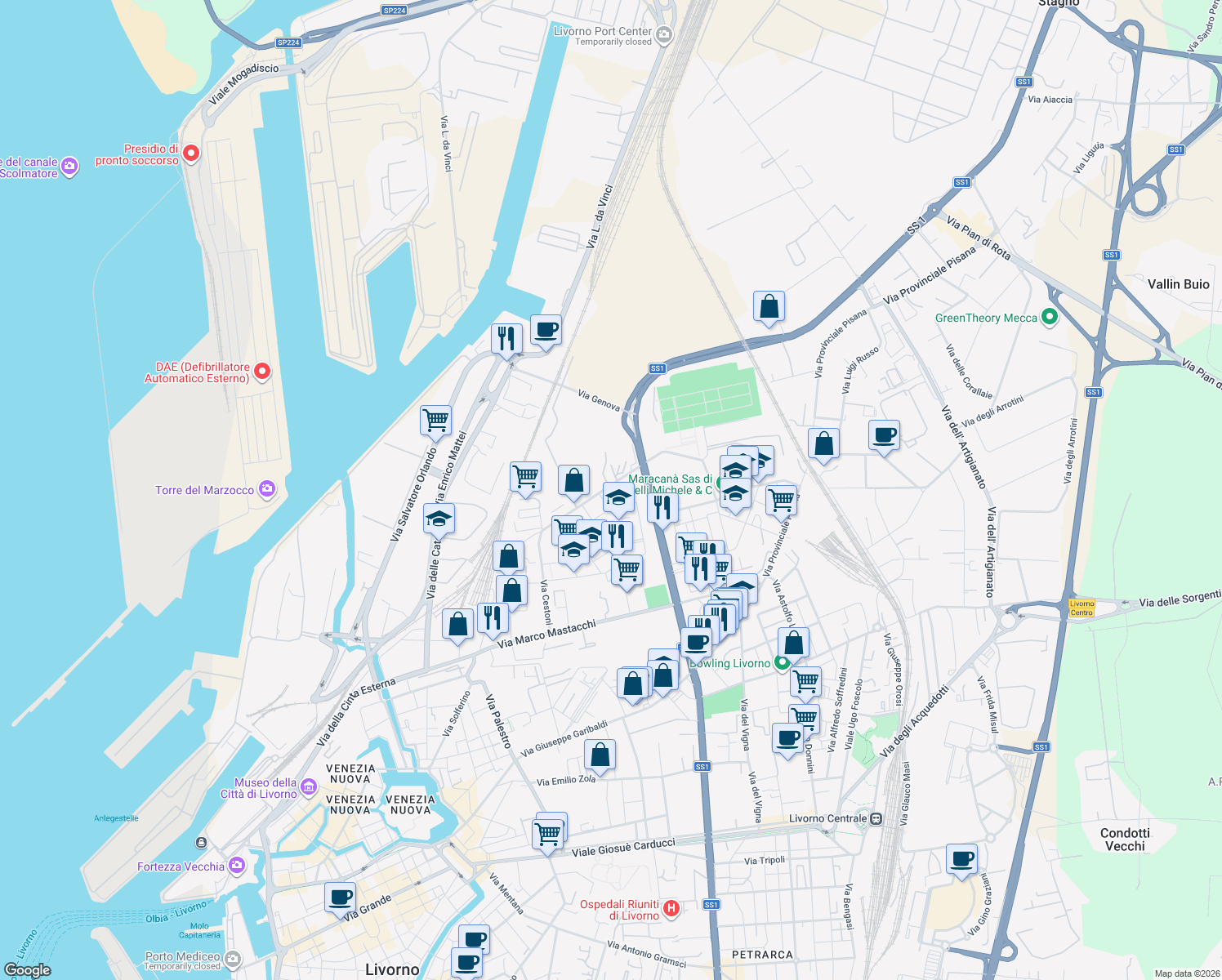 map of restaurants, bars, coffee shops, grocery stores, and more near 37 Via Fratelli Bandiera in Livorno