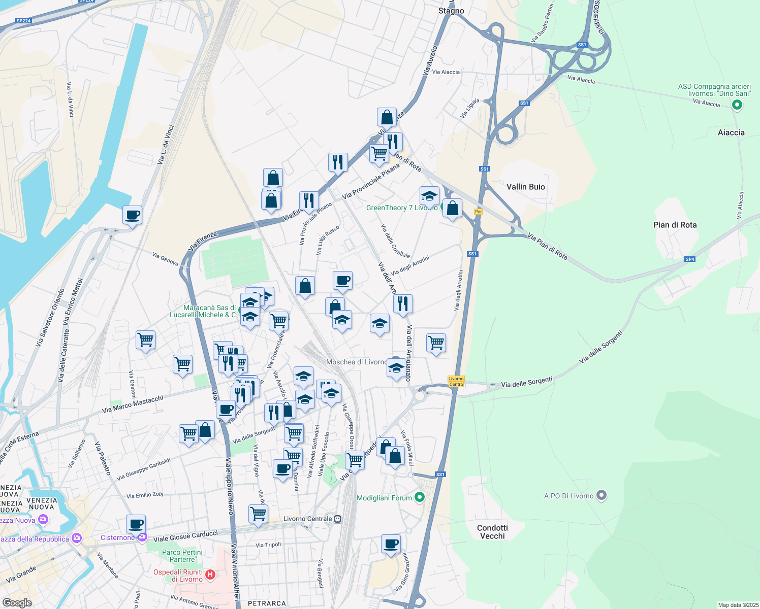 map of restaurants, bars, coffee shops, grocery stores, and more near 60 Via Aurelio Nicolodi in Livorno