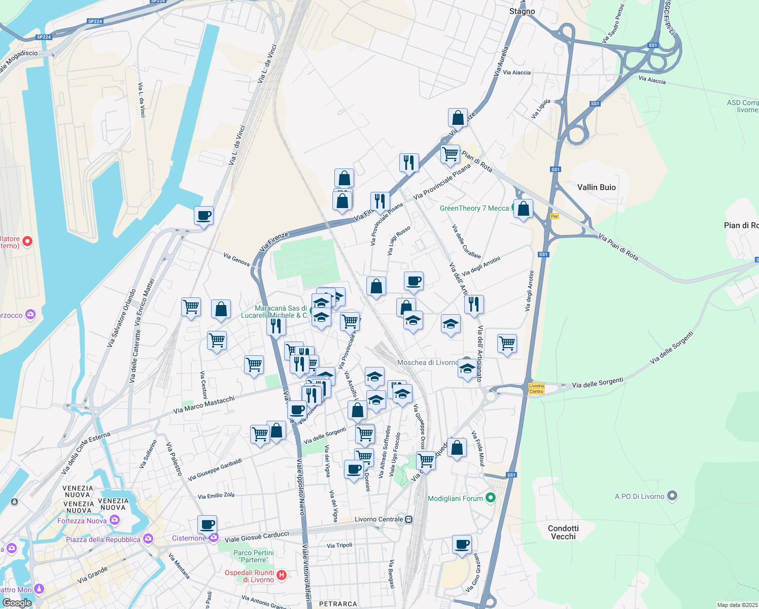 map of restaurants, bars, coffee shops, grocery stores, and more near 11c Viale Padre Nicola Magri in Livorno