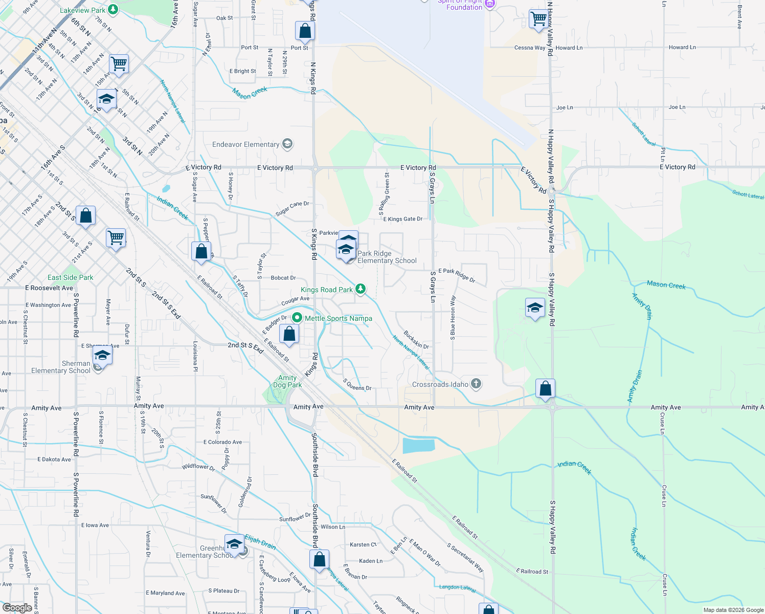 map of restaurants, bars, coffee shops, grocery stores, and more near 239 Buckskin Drive in Nampa