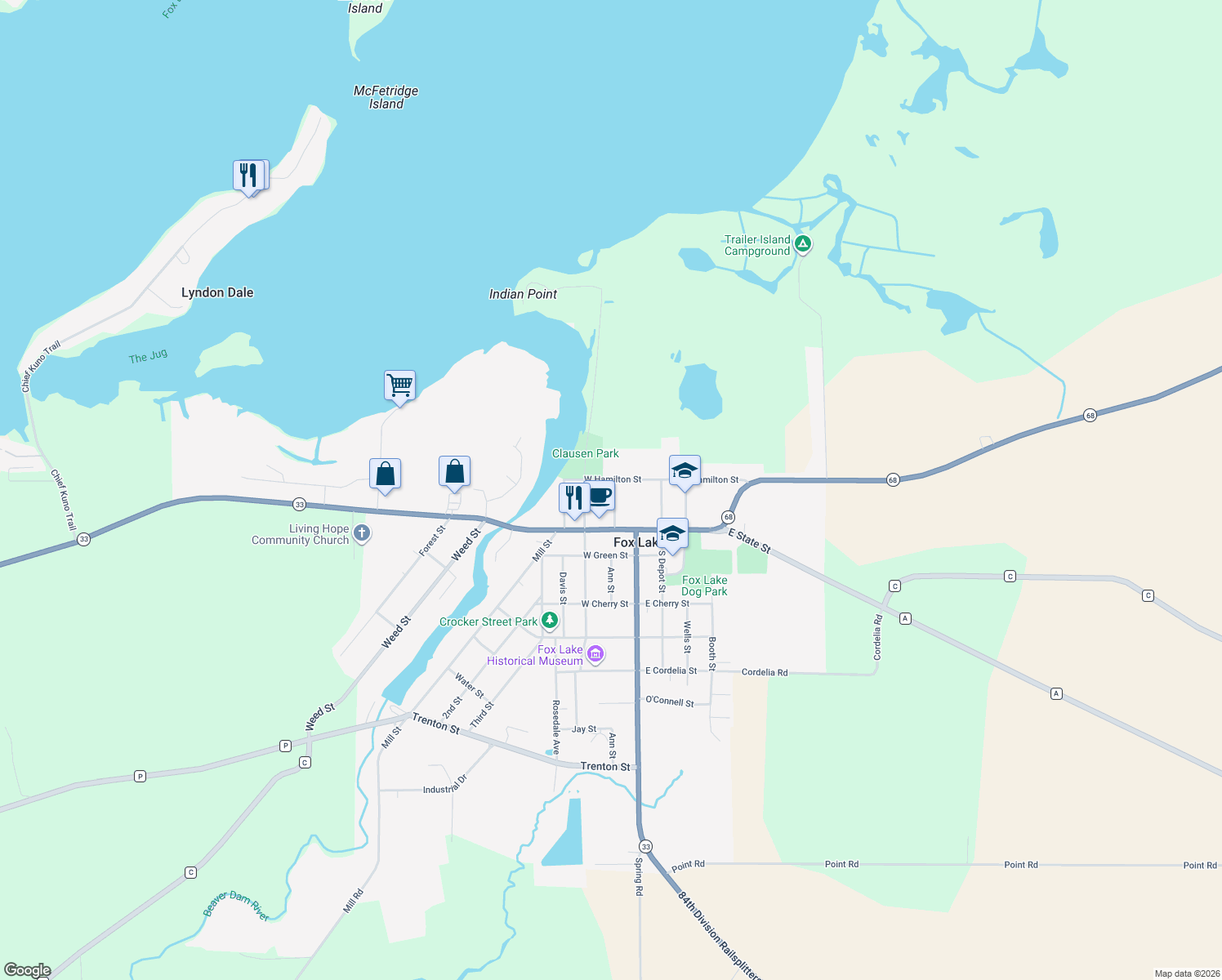 map of restaurants, bars, coffee shops, grocery stores, and more near 117 Center St in Fox Lake