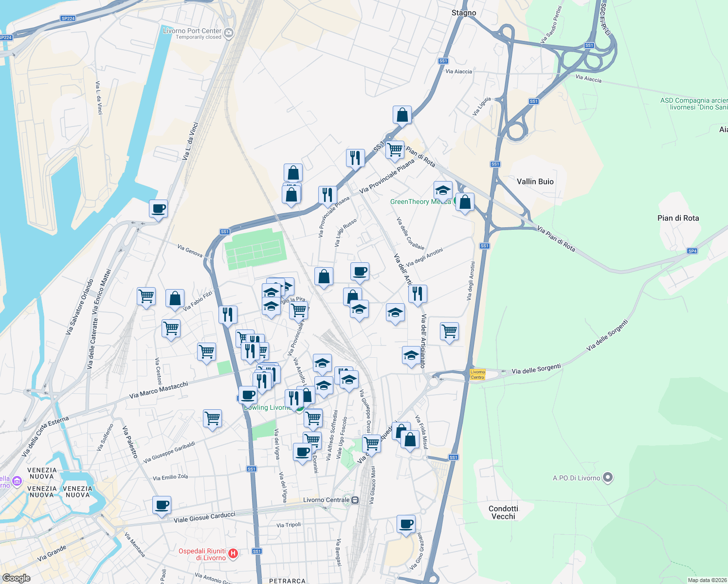 map of restaurants, bars, coffee shops, grocery stores, and more near 22 Viale Giacomo Leopardi in Livorno