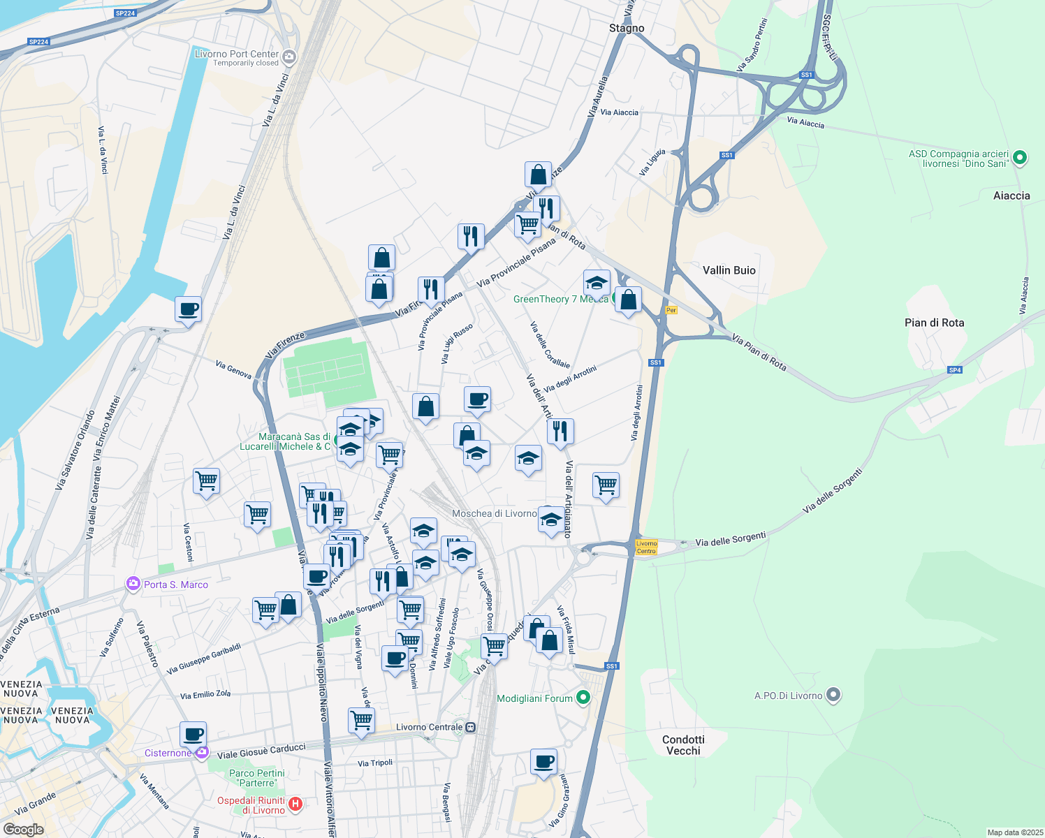 map of restaurants, bars, coffee shops, grocery stores, and more near 60 Via Aurelio Nicolodi in Livorno