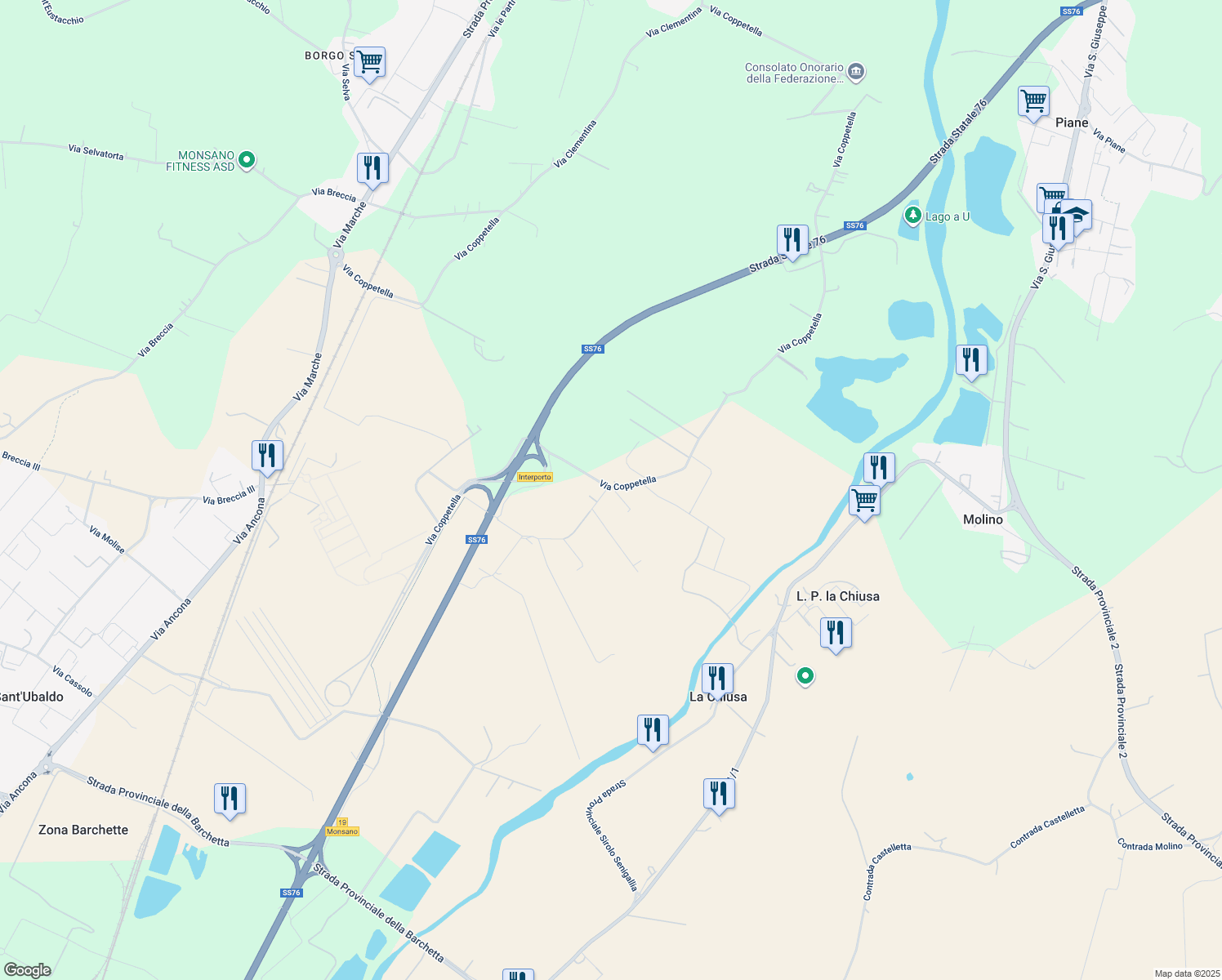 map of restaurants, bars, coffee shops, grocery stores, and more near 47 Via Coppetella in Provincia di Ancona