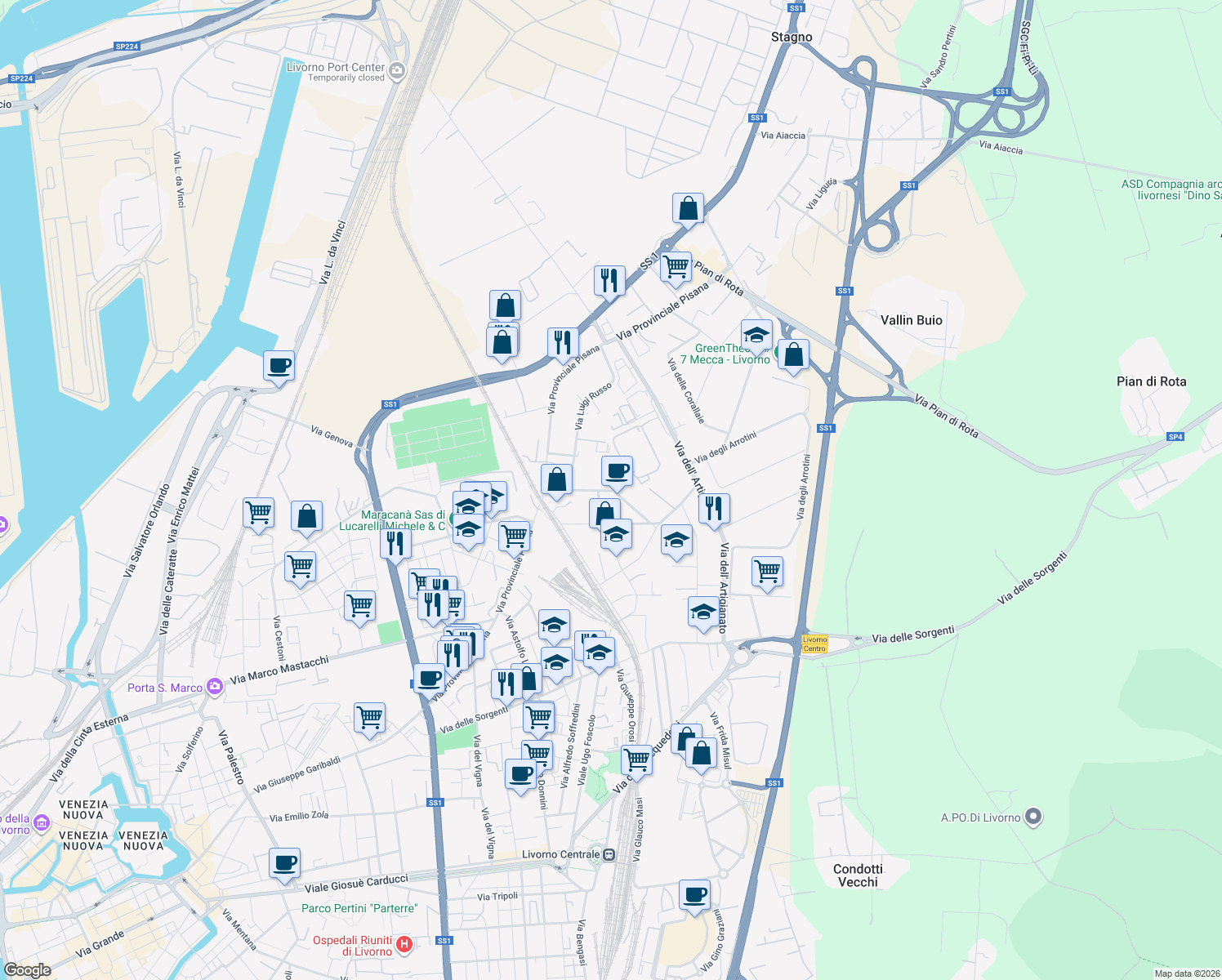 map of restaurants, bars, coffee shops, grocery stores, and more near 22 Viale Giacomo Leopardi in Livorno