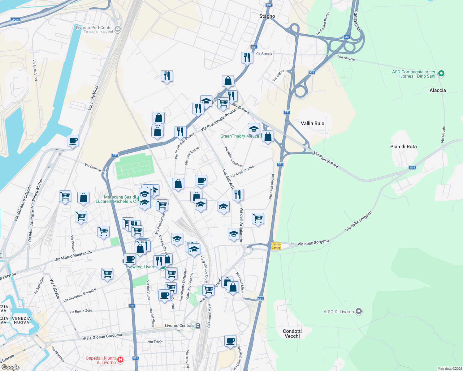 map of restaurants, bars, coffee shops, grocery stores, and more near Via dei Cordai in Livorno